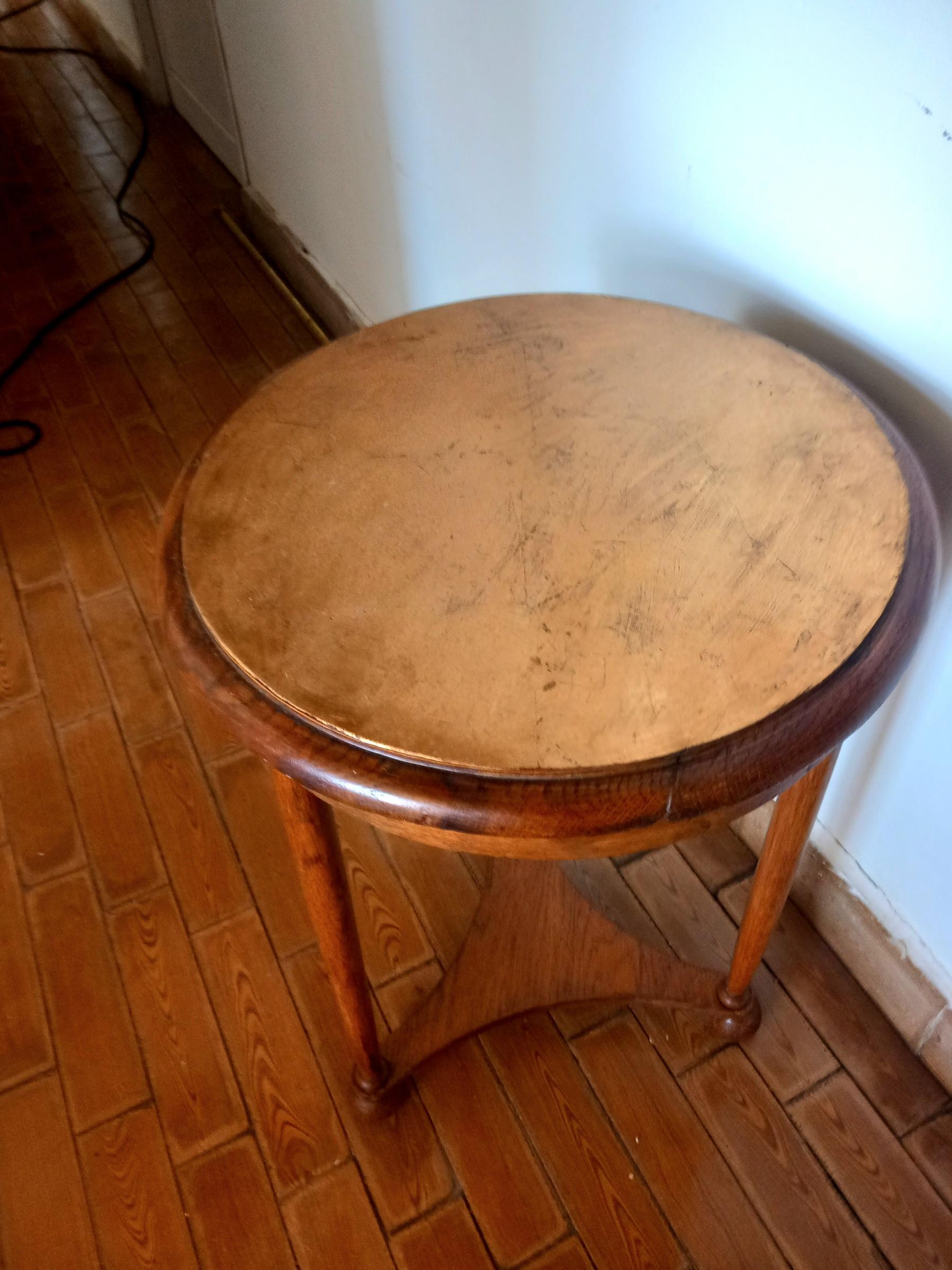 French Side Table Light Wood and Gold Leaf Resting on Three Legs, Vintage France For Sale