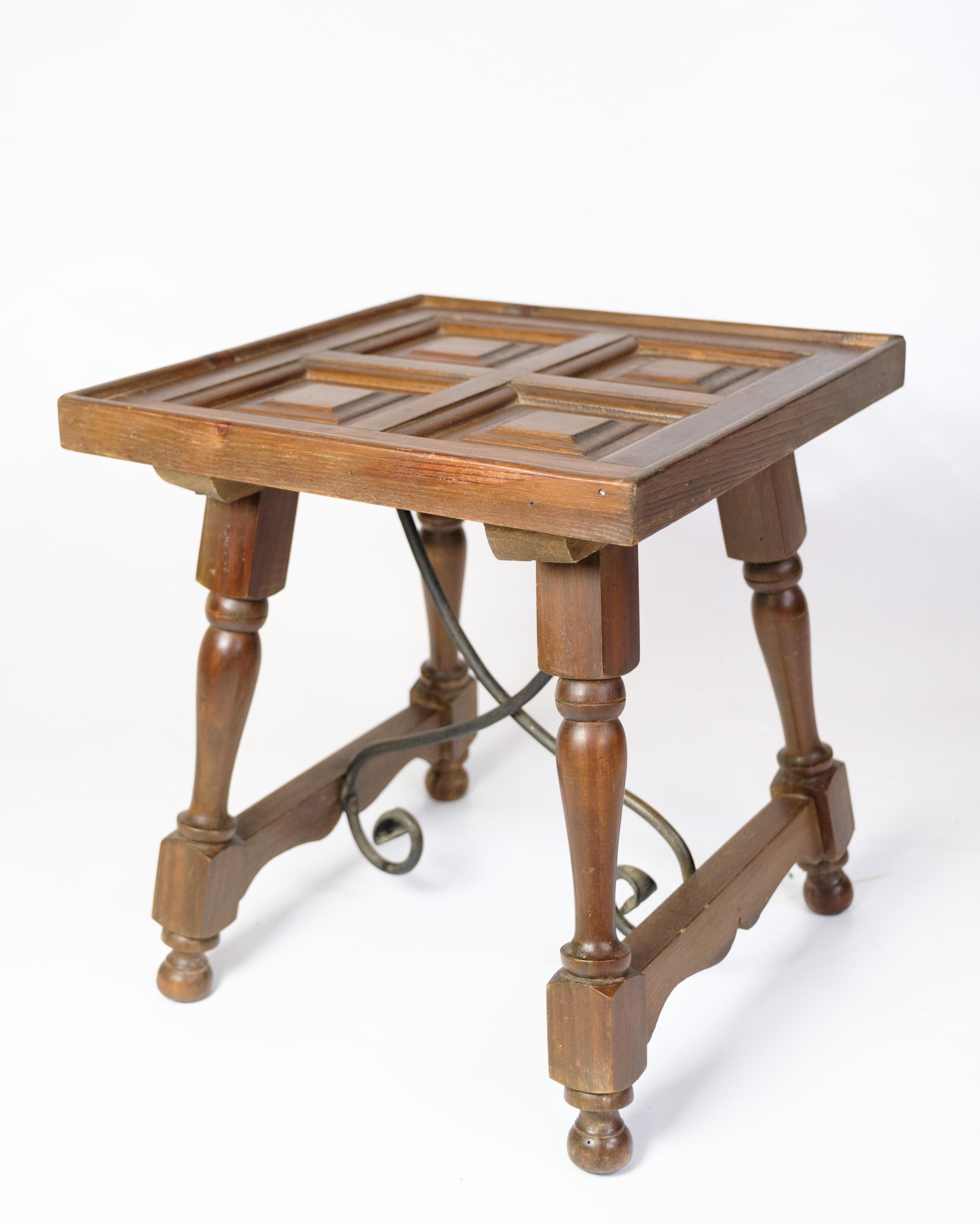 Other Side Table Made In Dark Wood With Turned Legs & Metal Struts From 1930s For Sale
