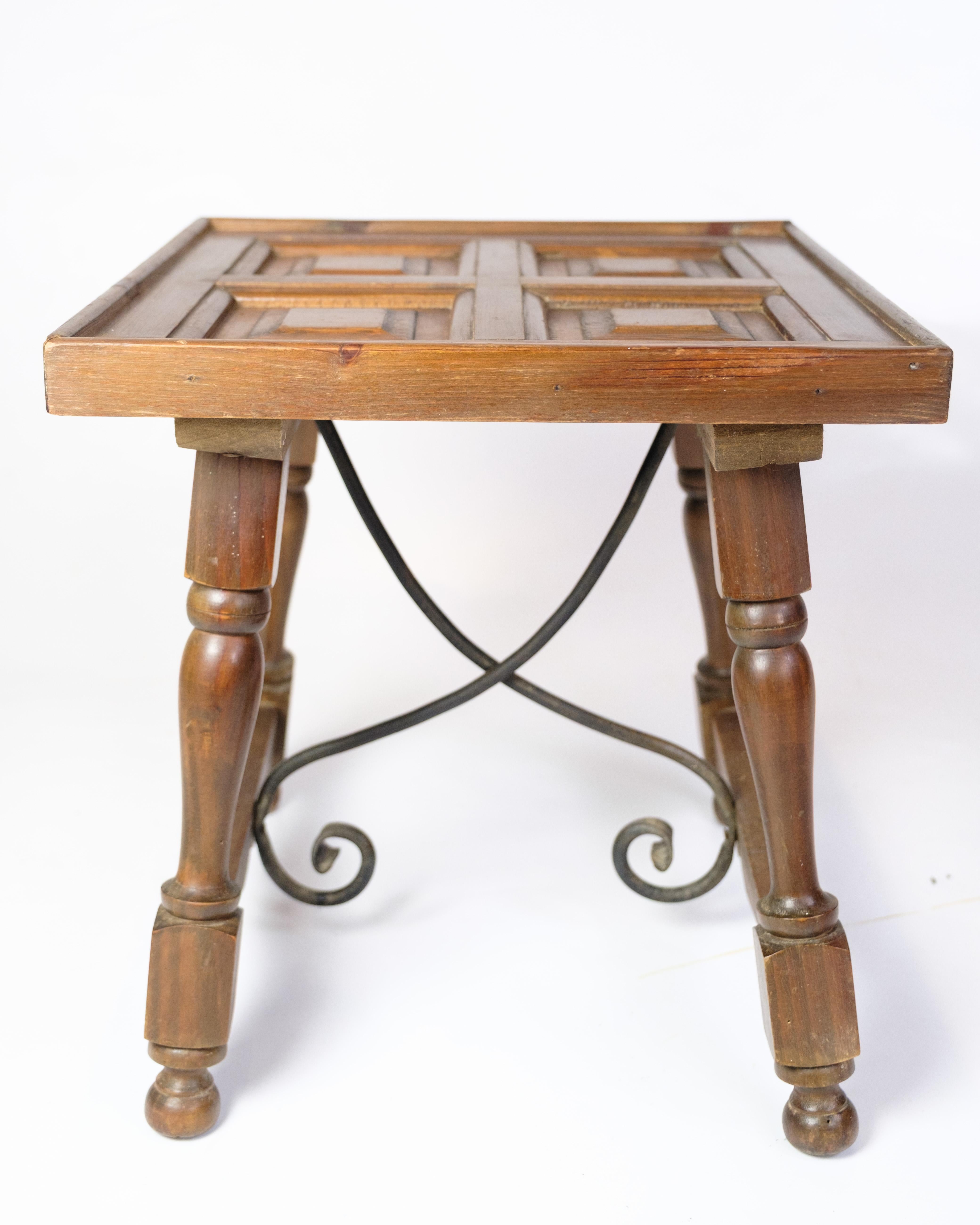 Danish Side Table Made In Dark Wood With Turned Legs & Metal Struts From 1930s For Sale