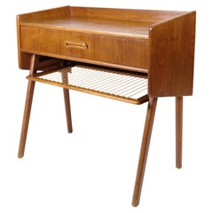 Side Table Made In Teak With Drawer & Wicker Shelf From 1960s