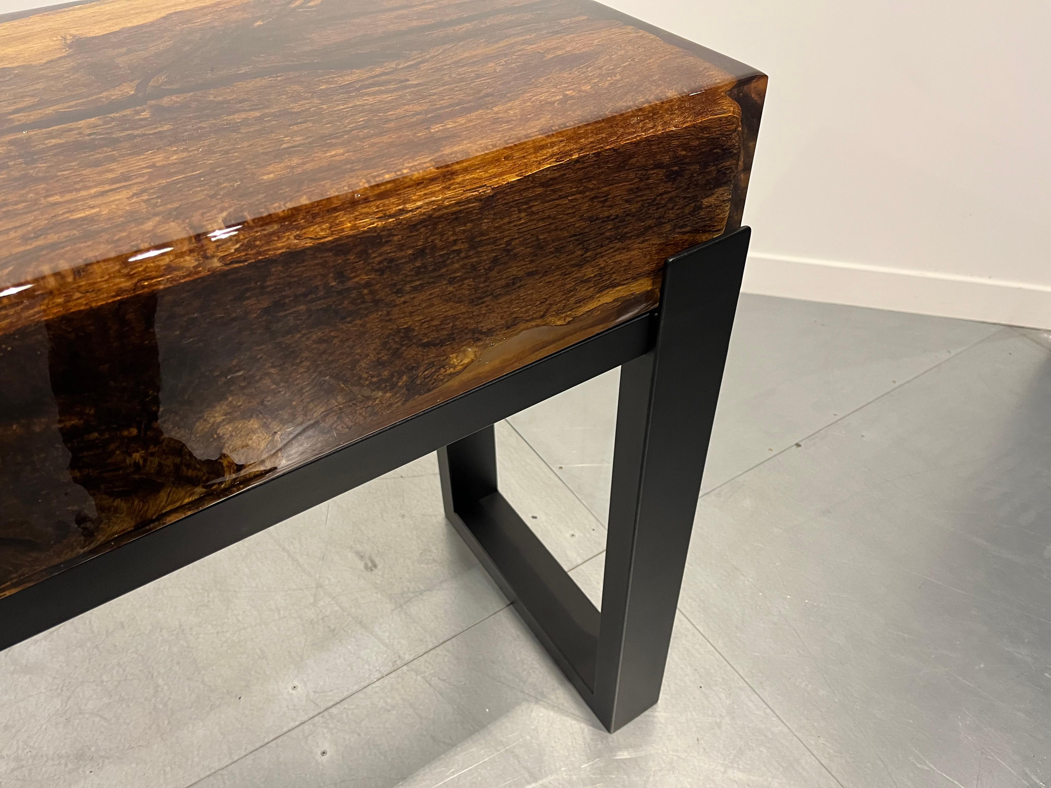 Side Table Made of Oak Wooden Beam, Cast in Epoxy, on a Steel Frame For Sale 3