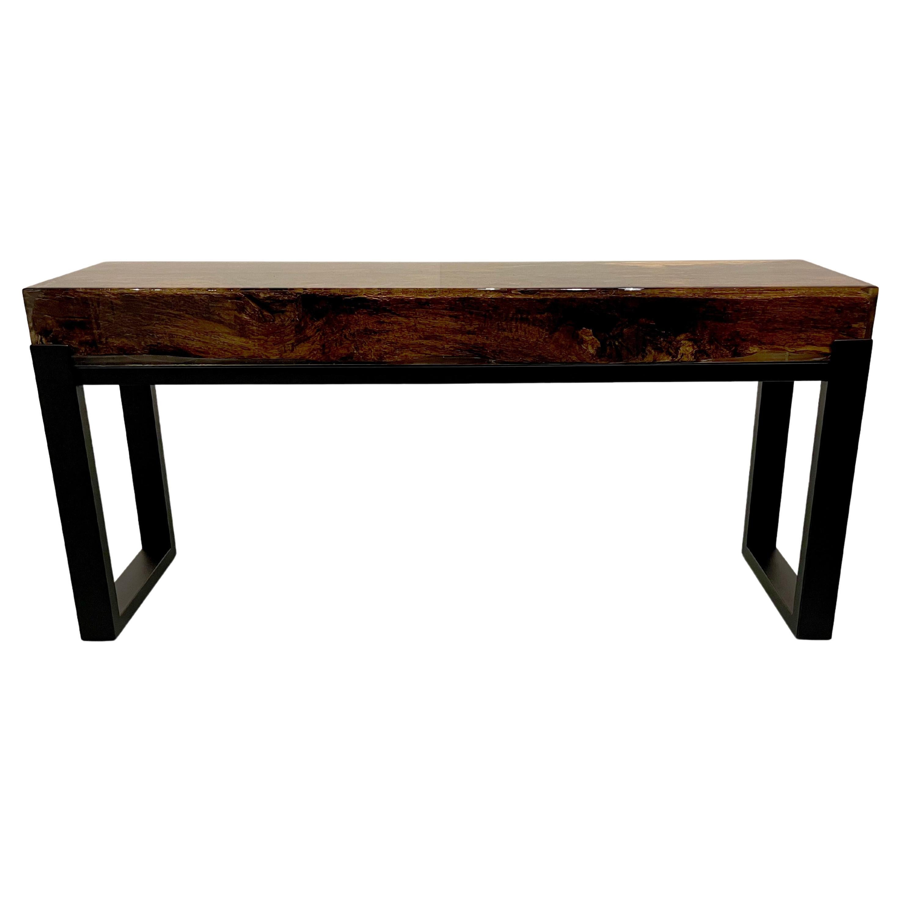 Side Table Made of Oak Wooden Beam, Cast in Epoxy, on a Steel Frame