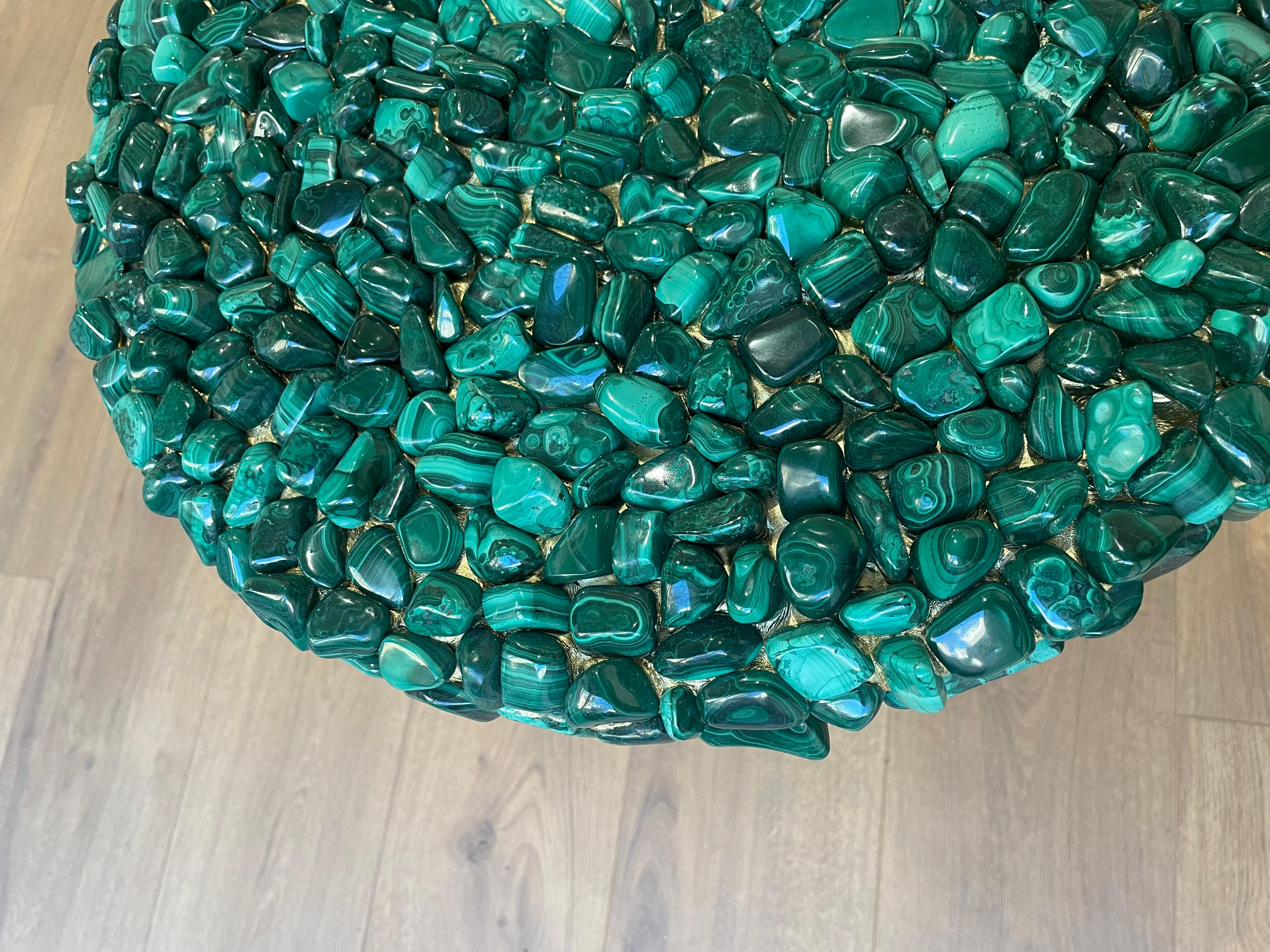 French Side table, Malachite, green gold, 18 inches, in stock For Sale