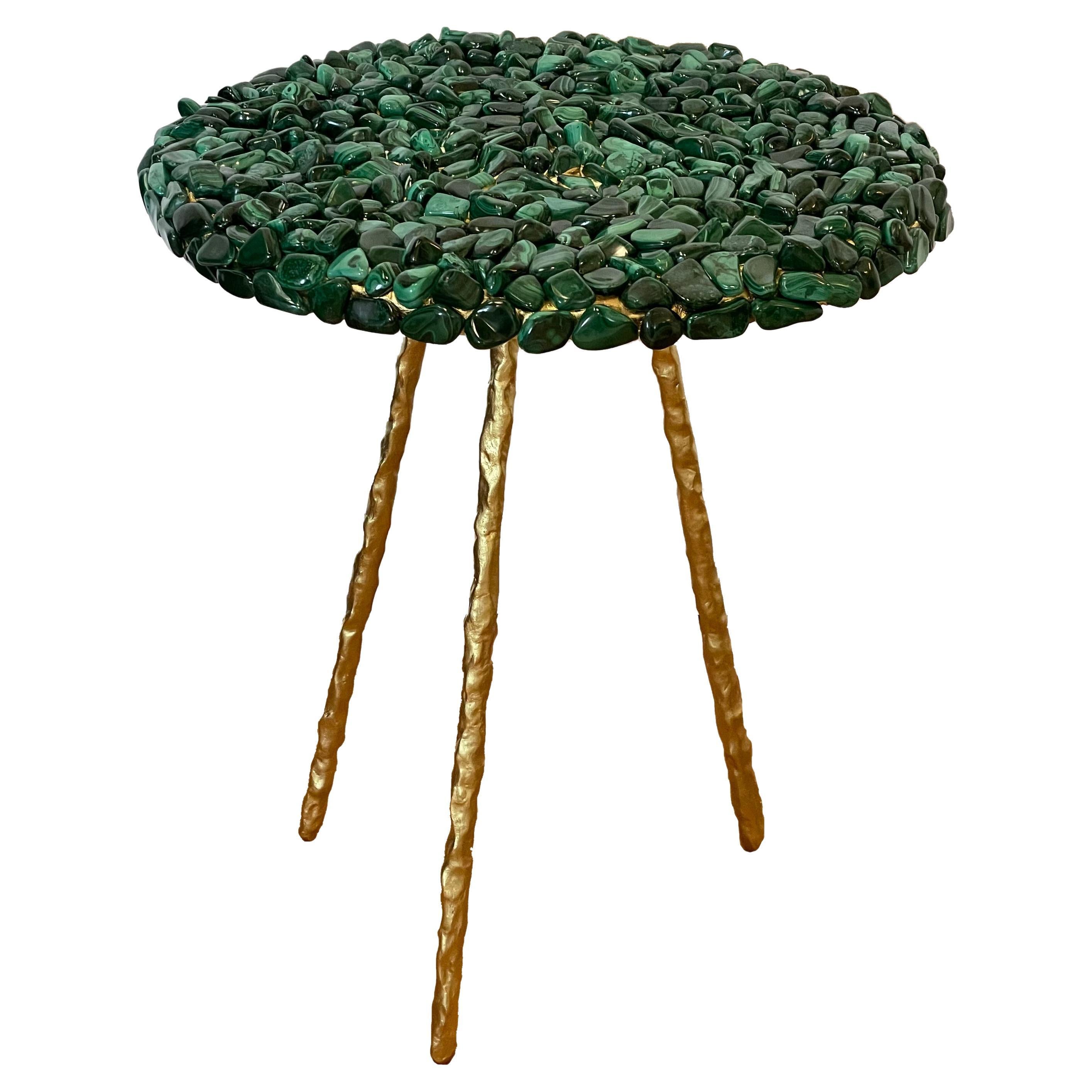 Side table, Malachite, green gold, 18 inches, in stock For Sale