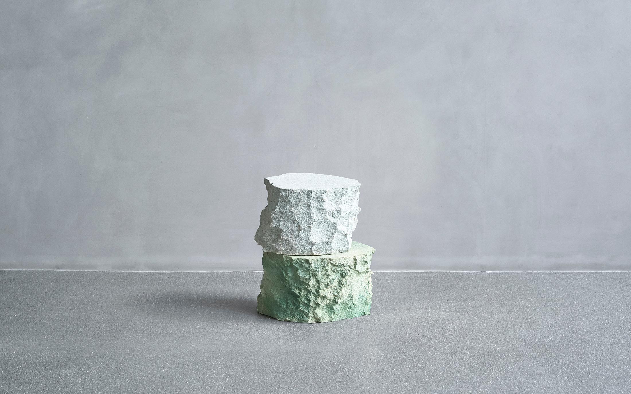 Side Table Meadow Blocks by Andredottir & Bobek
Dimensions: D 25 x H 40 cm 
Materials: Reused Foam/mattress and Jesmontite Hardner in Color White ang Green Fade.

Artificial Nature is a collaboration between the artist and design duo Josephine