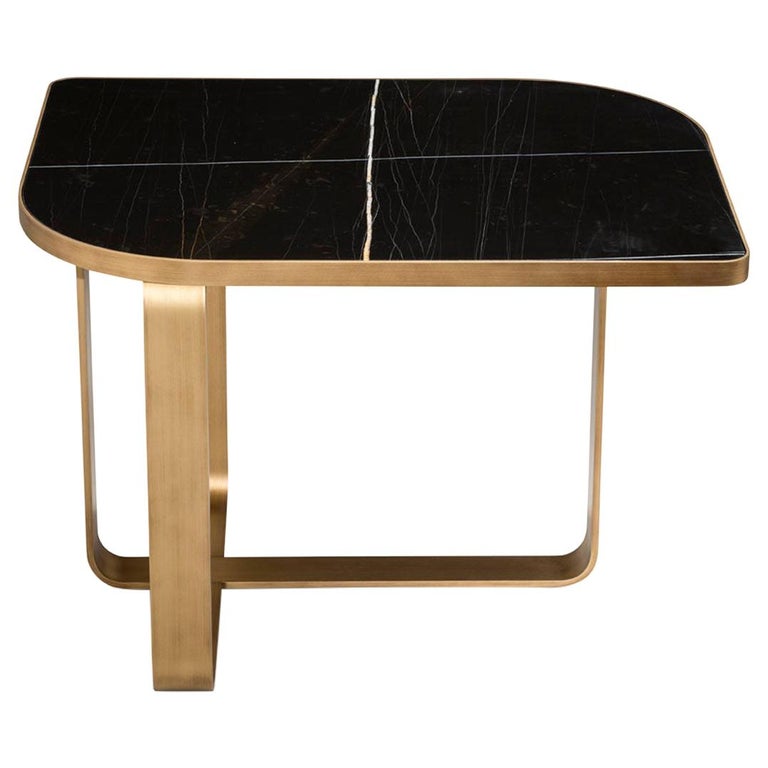 Side Table Metal Frame Top Black Aziz Marble Calacatta or Mirror Customizable For Sale