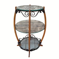 Side table, midcentury gueridon, oak wood, wrought iron and glass, France