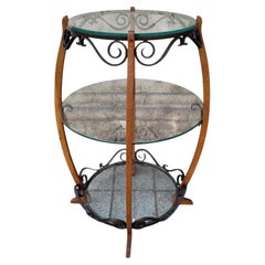 Side table, midcentury gueridon, oak wood, wrought iron and glass, France