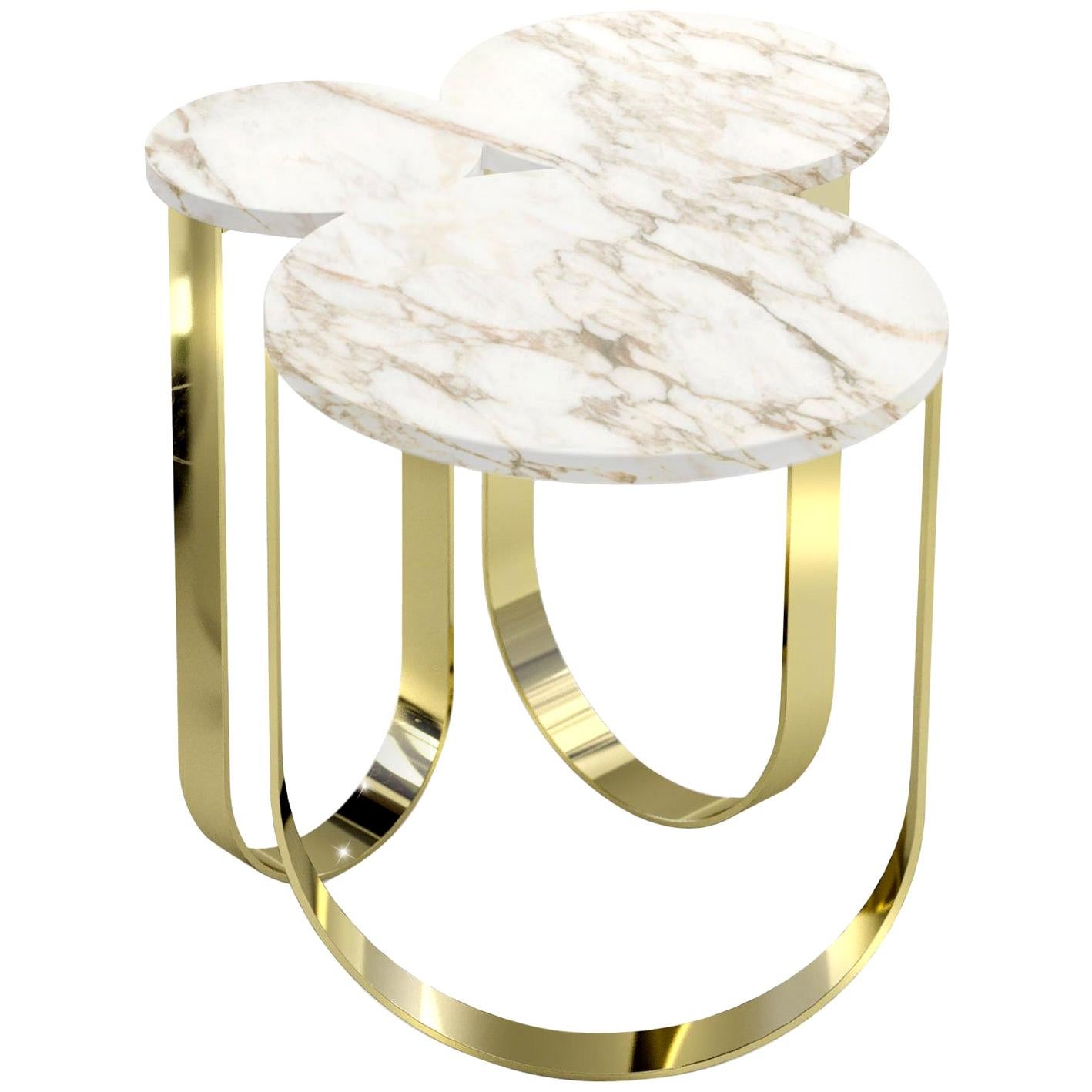 Table d'appoint ou d'extrémité en marbre blanc Paonazzo miroir laiton design de collection Italie
