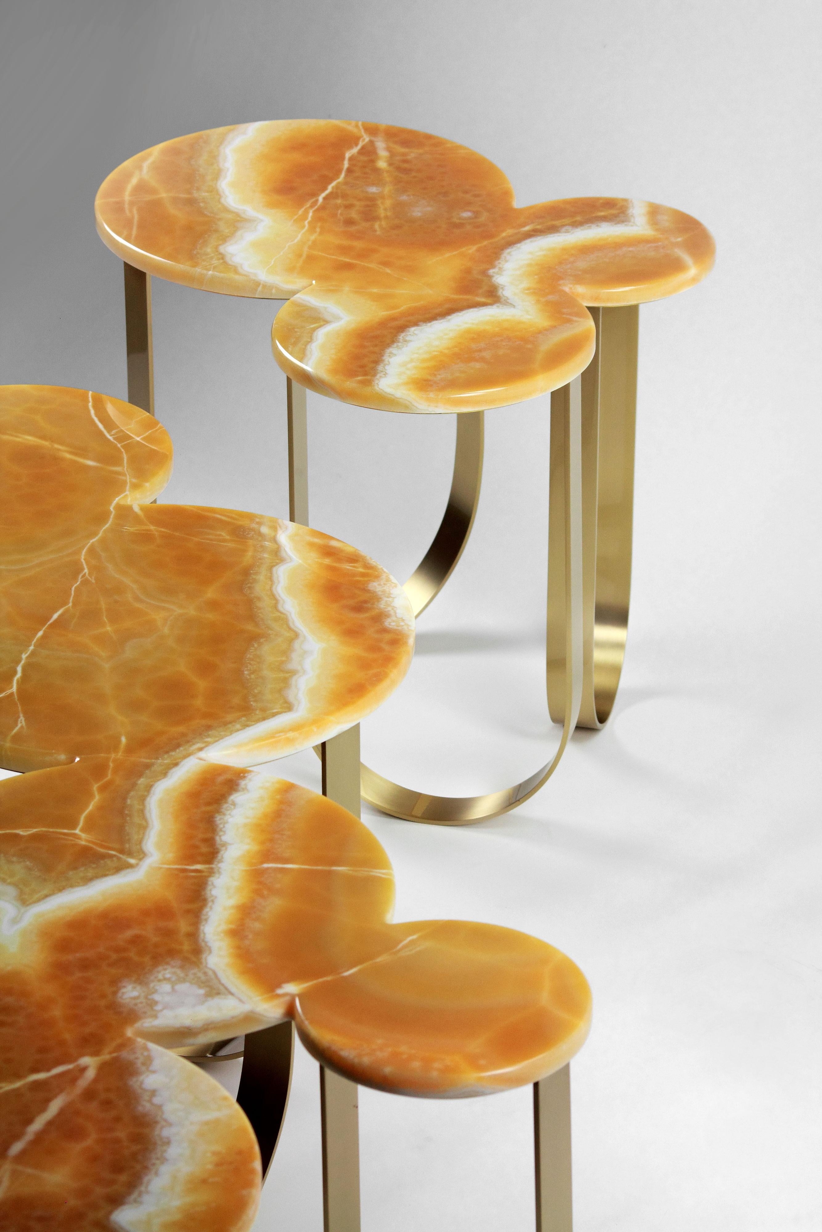 Brushed Side or End Table Organic Shape Orange Onyx Brass Collectible Design Italy For Sale