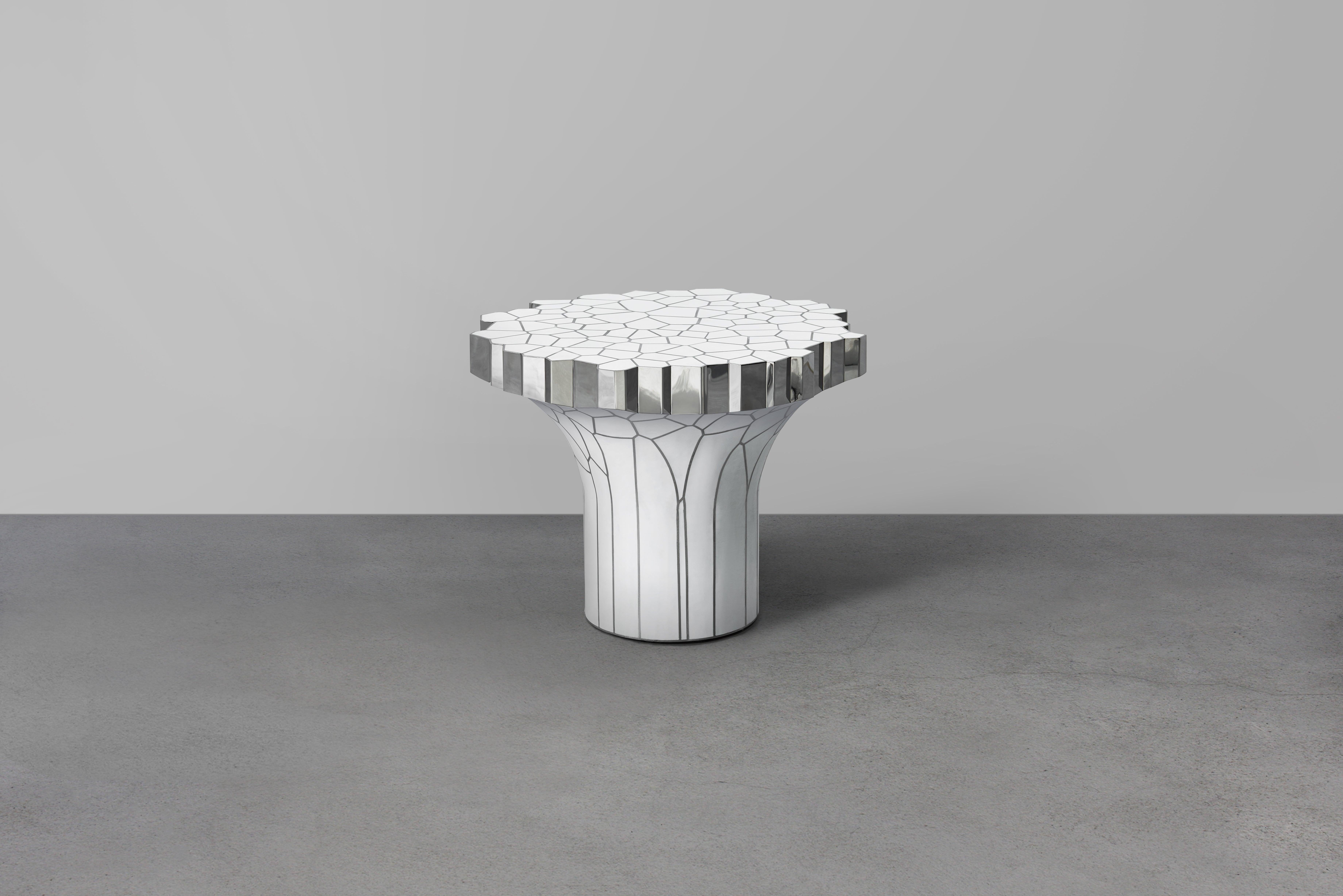 Chinese Side Table 'MY Collection' by Michael Young Stainless Steel and White Resin