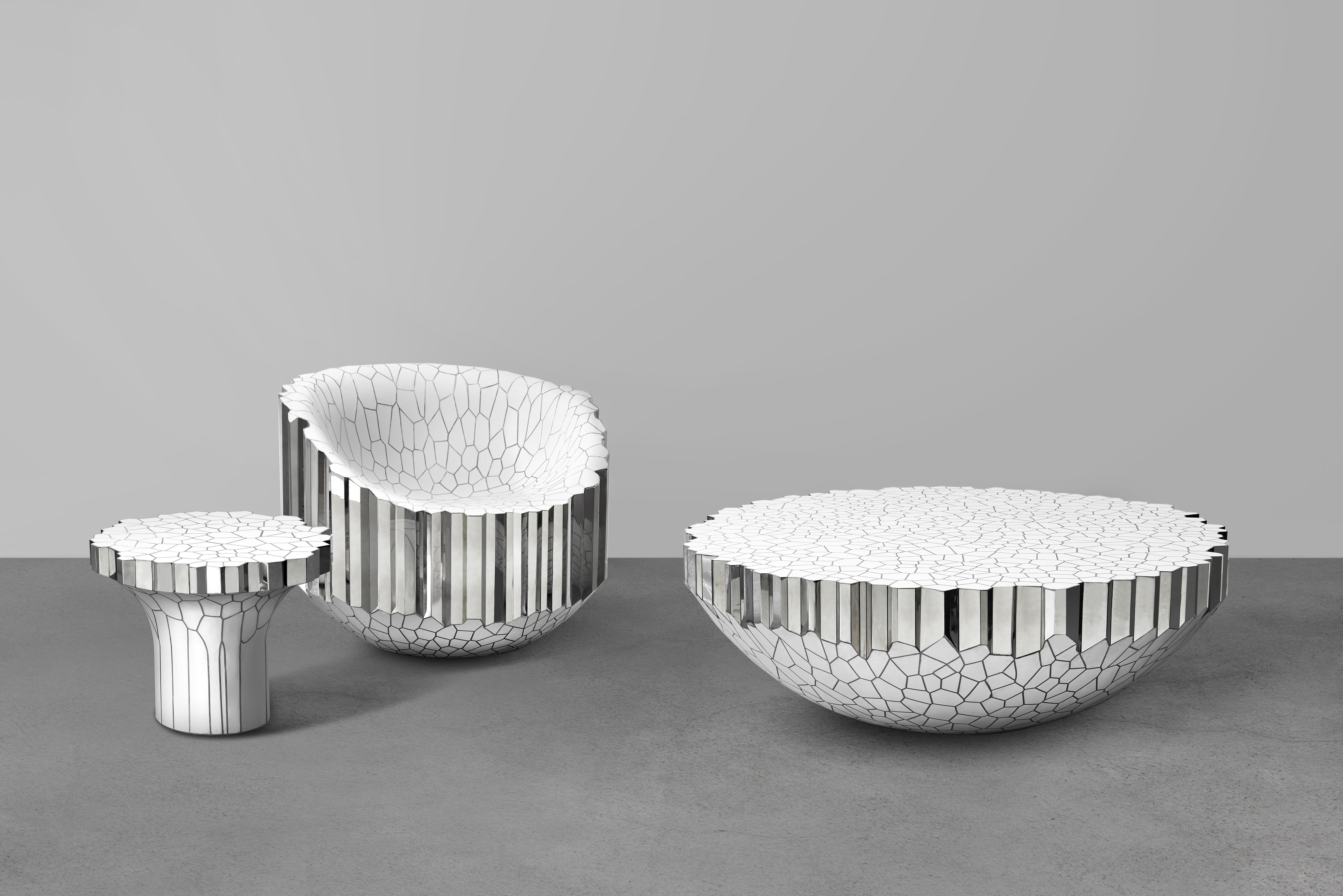 Polished Side Table 'MY Collection' by Michael Young Stainless Steel and White Resin