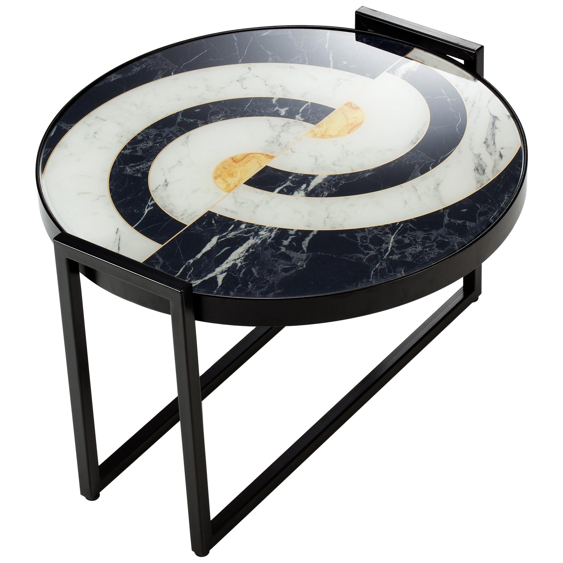 Norman Side Table with Marbled Printed Glass and Black Lacquered Base