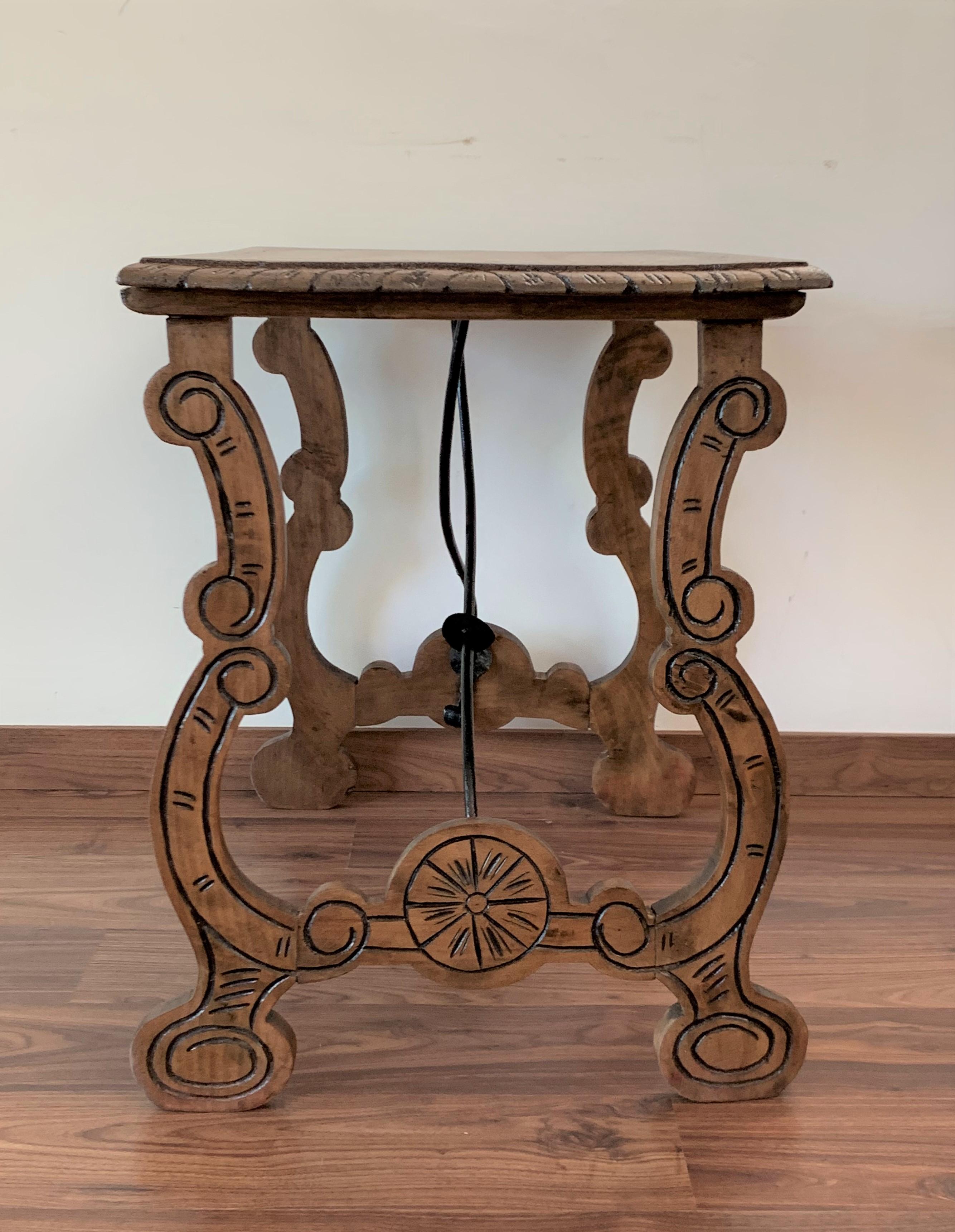 Wood Side Table of Chestnut with Carved Lyre Legs, Spanish, 19th Century For Sale