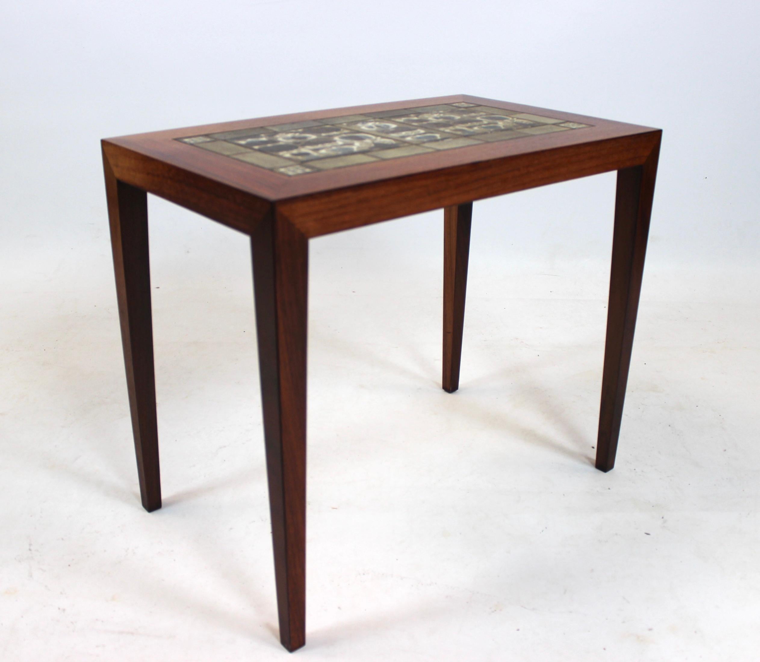 Mid-20th Century Side Table of Rosewood and Dark Blue Tiles, by Severin Hansen