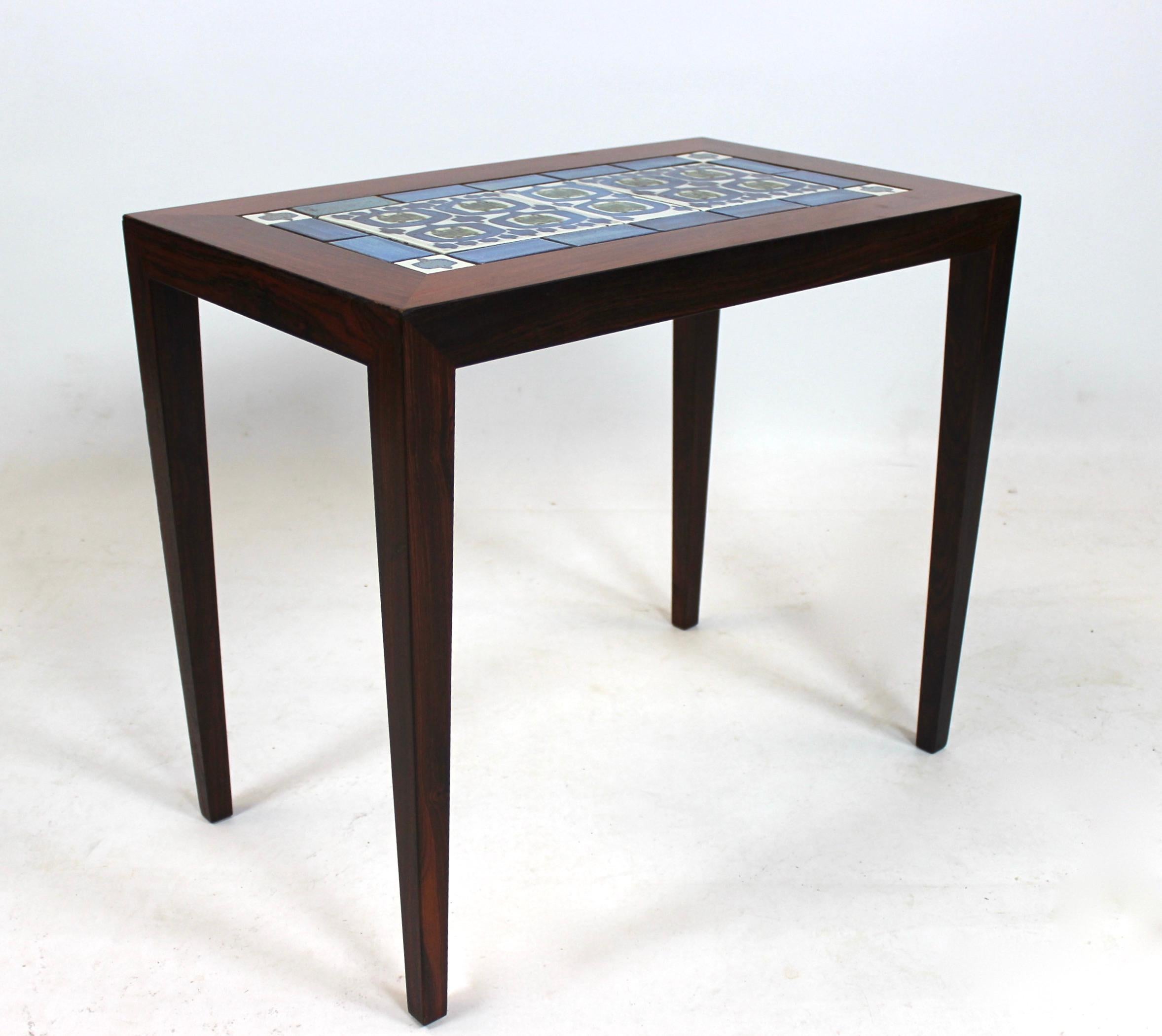 Scandinavian Modern Side Table of Rosewood and Dark Blue Tiles, Severin Hansen for Haslev