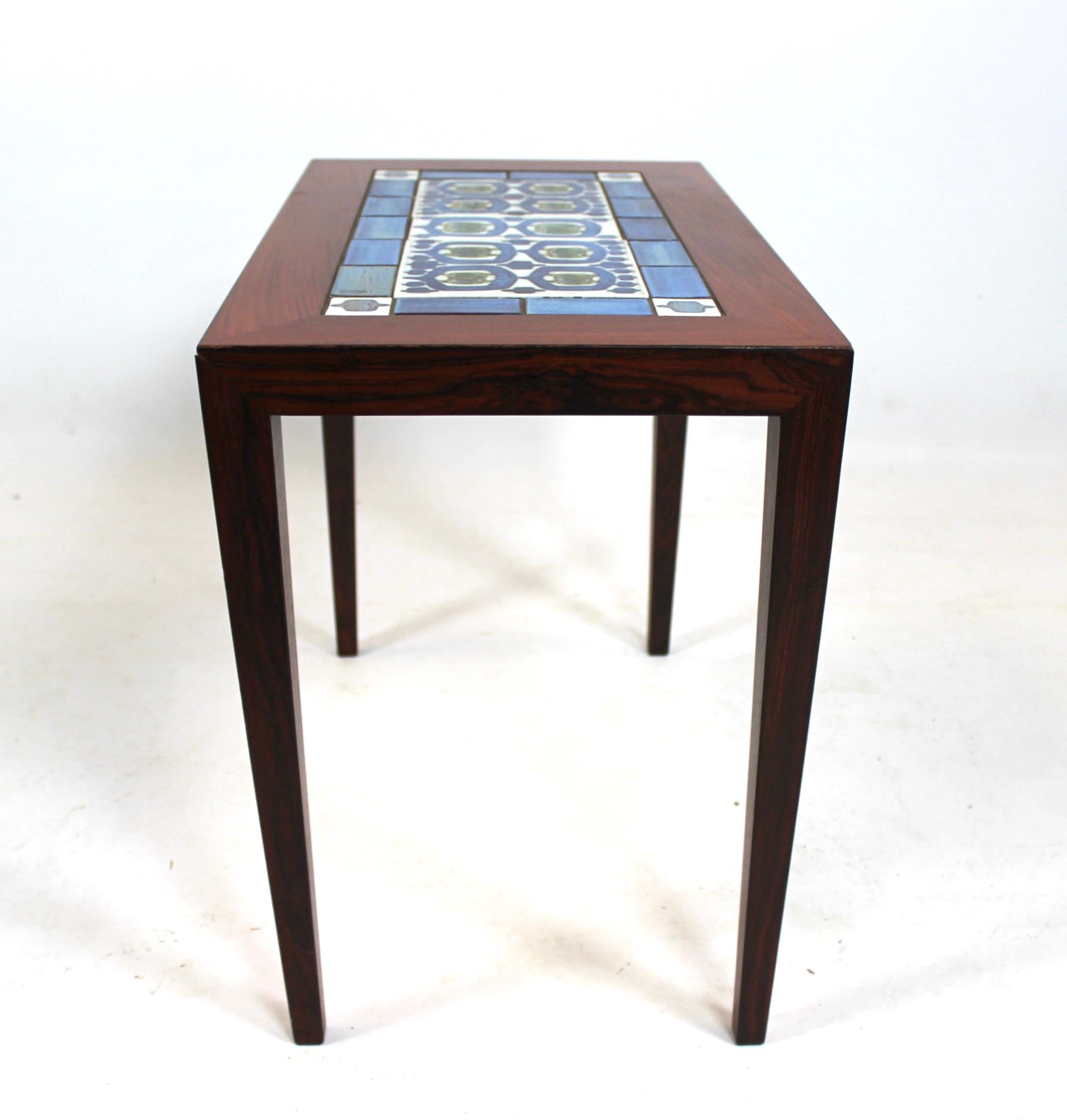 Mid-20th Century Side Table of Rosewood and Dark Blue Tiles, Severin Hansen for Haslev