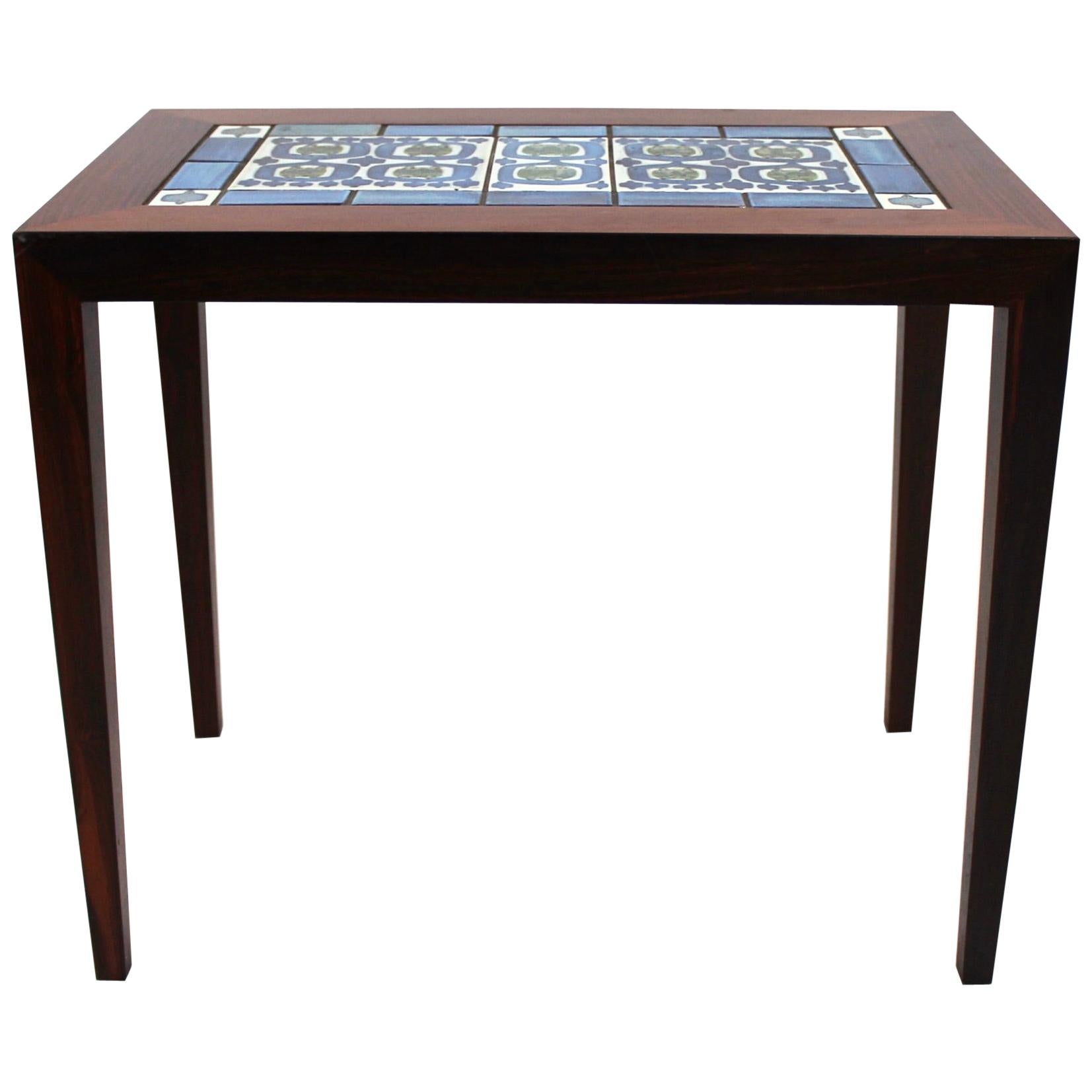 Side Table of Rosewood and Dark Blue Tiles, Severin Hansen for Haslev