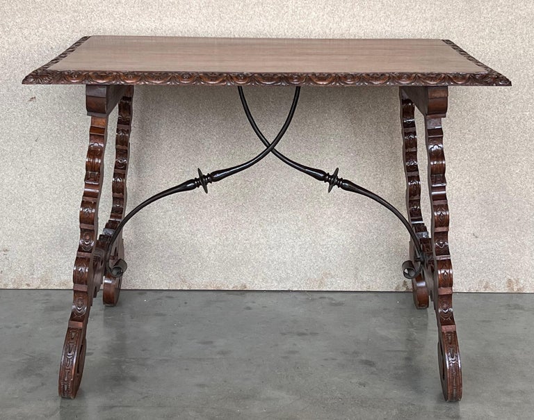 Baroque Side Table of Walnut with Carved Lyre Legs and Top, Spanish, 19th Century For Sale