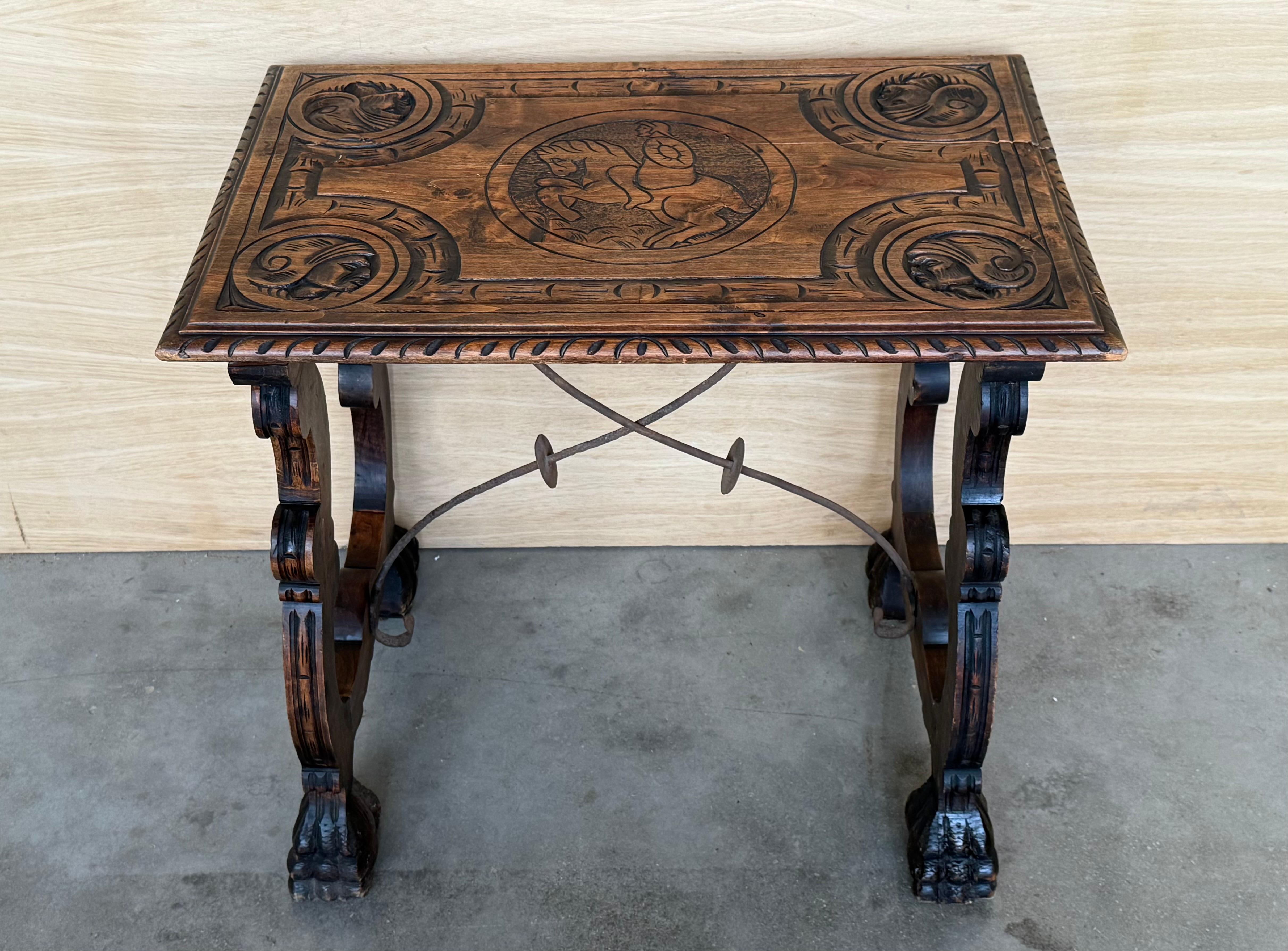 Side Table of Walnut with Carved Lyre Legs and Top, Spanish, 19th Century In Good Condition For Sale In Miami, FL
