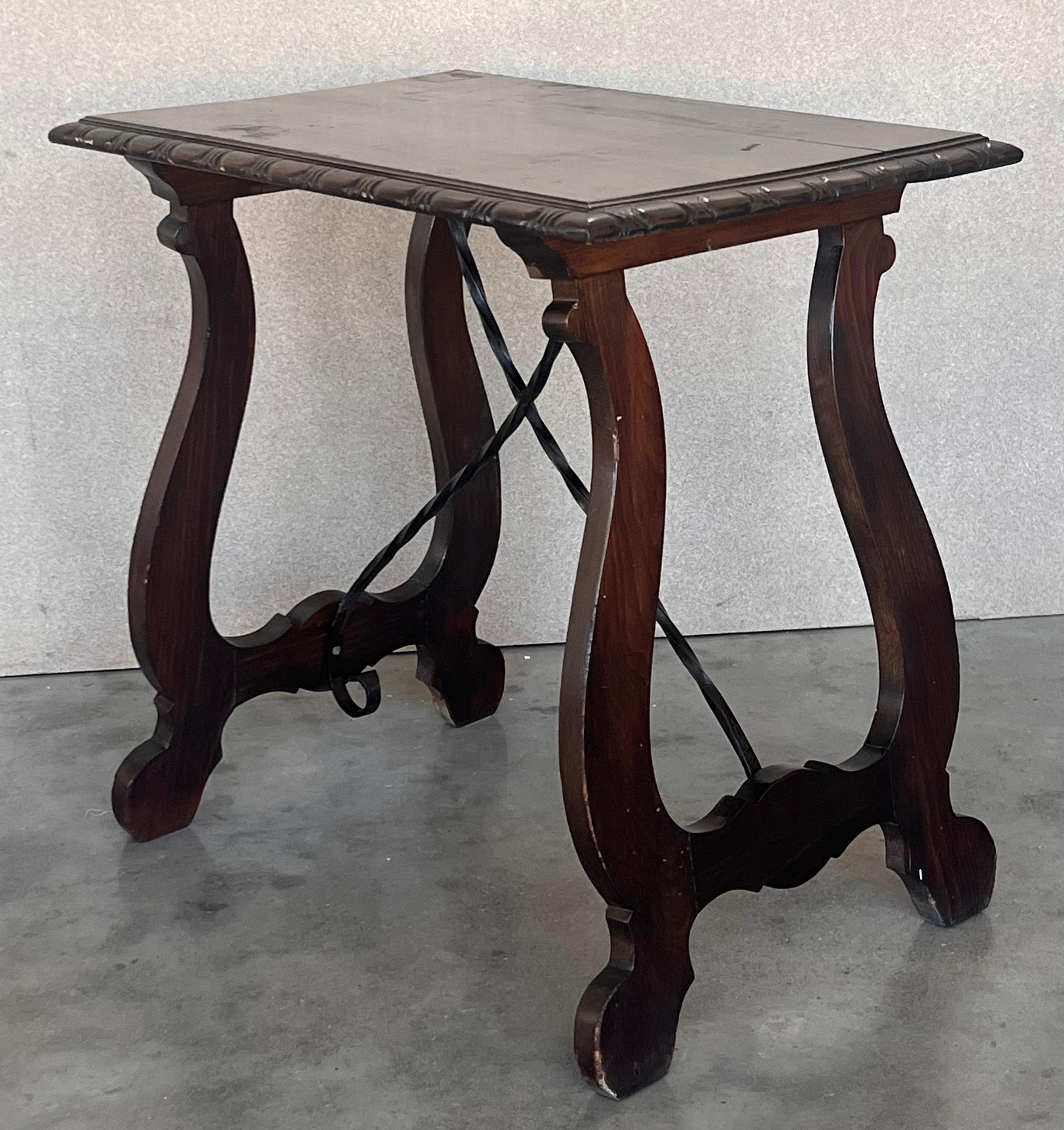 Side Table of Walnut with Carved Lyre Legs and Top, Spanish, 19th Century For Sale 1