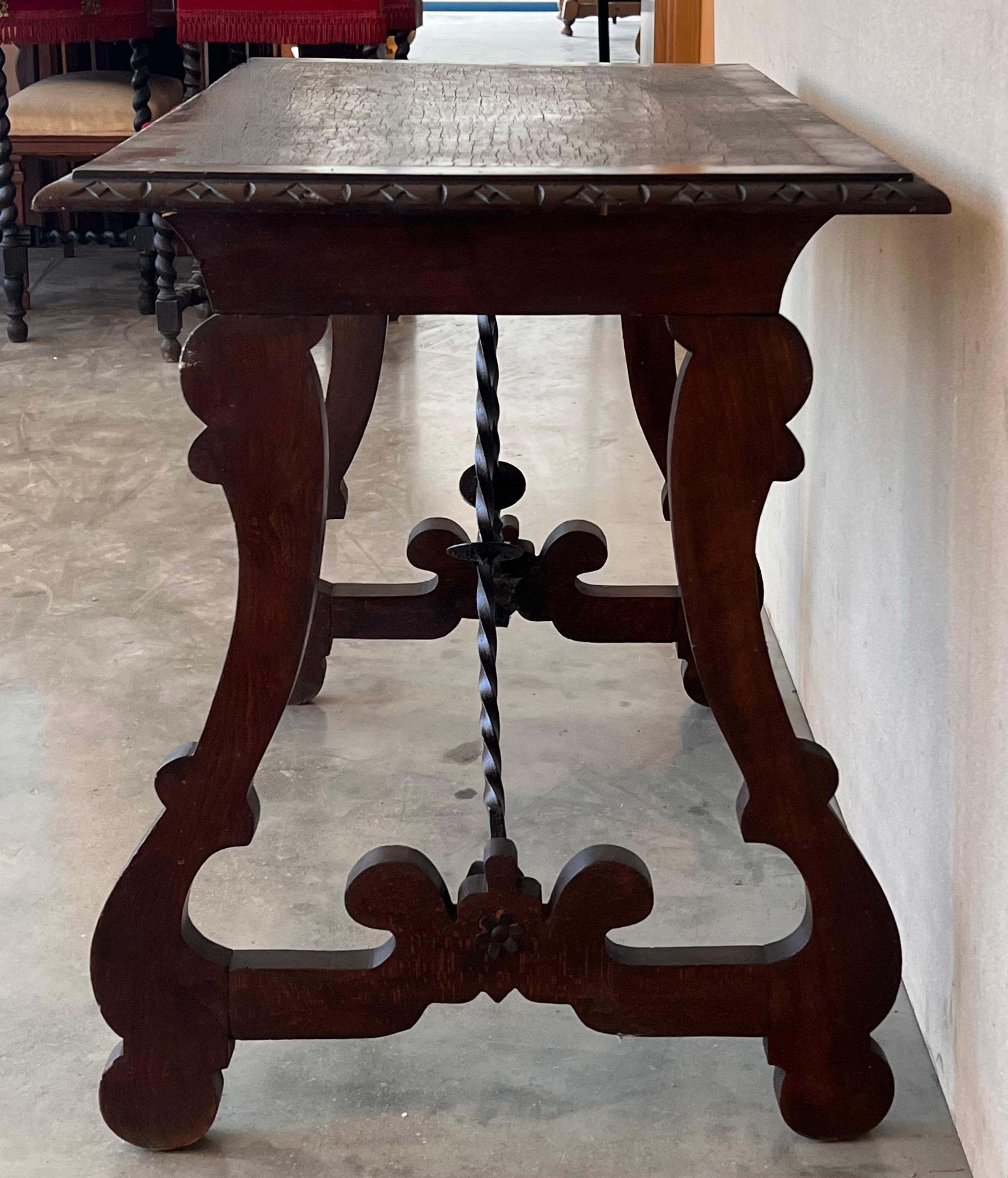 Side Table of Walnut with Carved Lyre Legs and Top, Spanish, 19th Century In Good Condition For Sale In Miami, FL