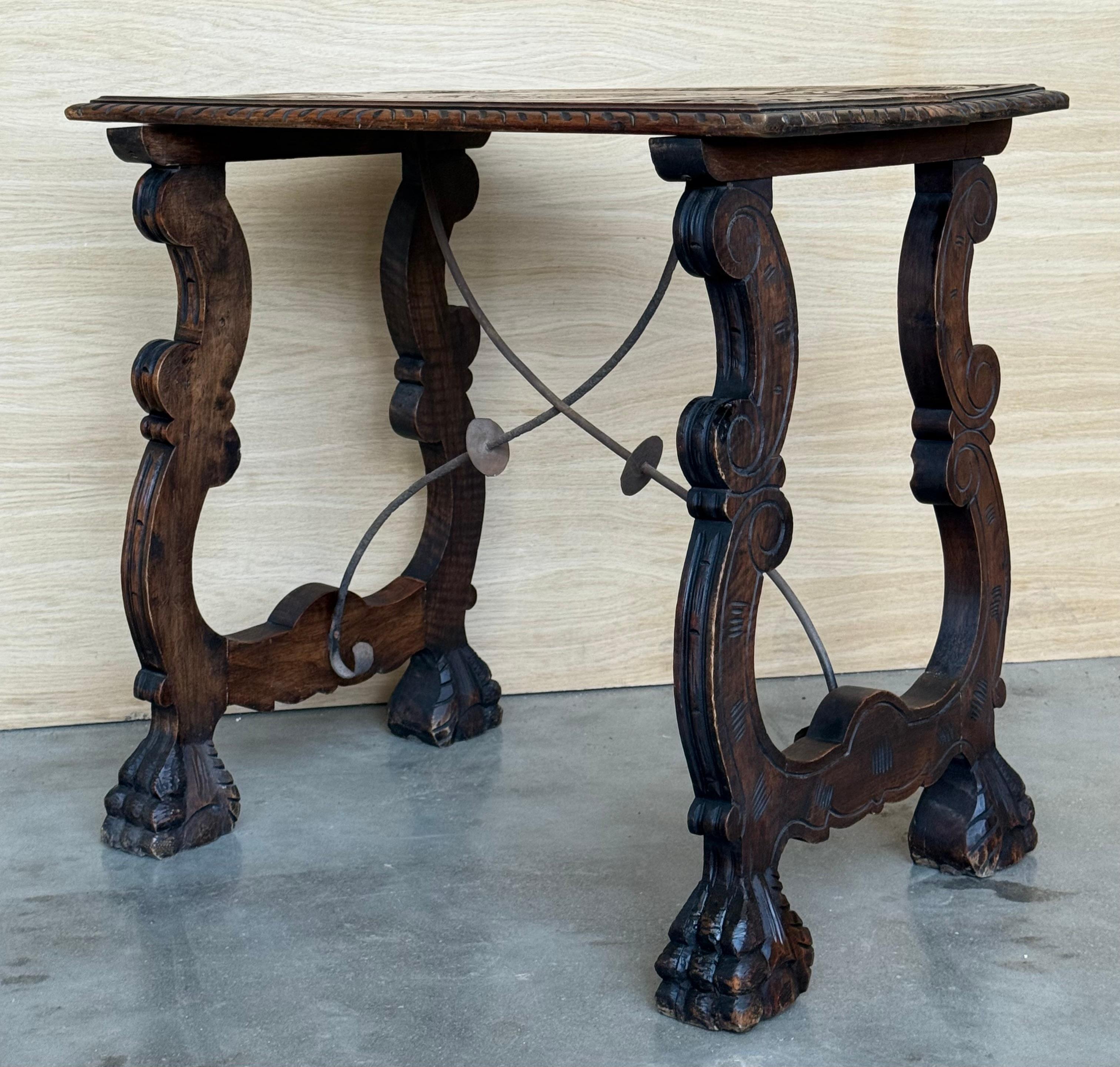 Side Table of Walnut with Carved Lyre Legs and Top, Spanish, 19th Century For Sale 1