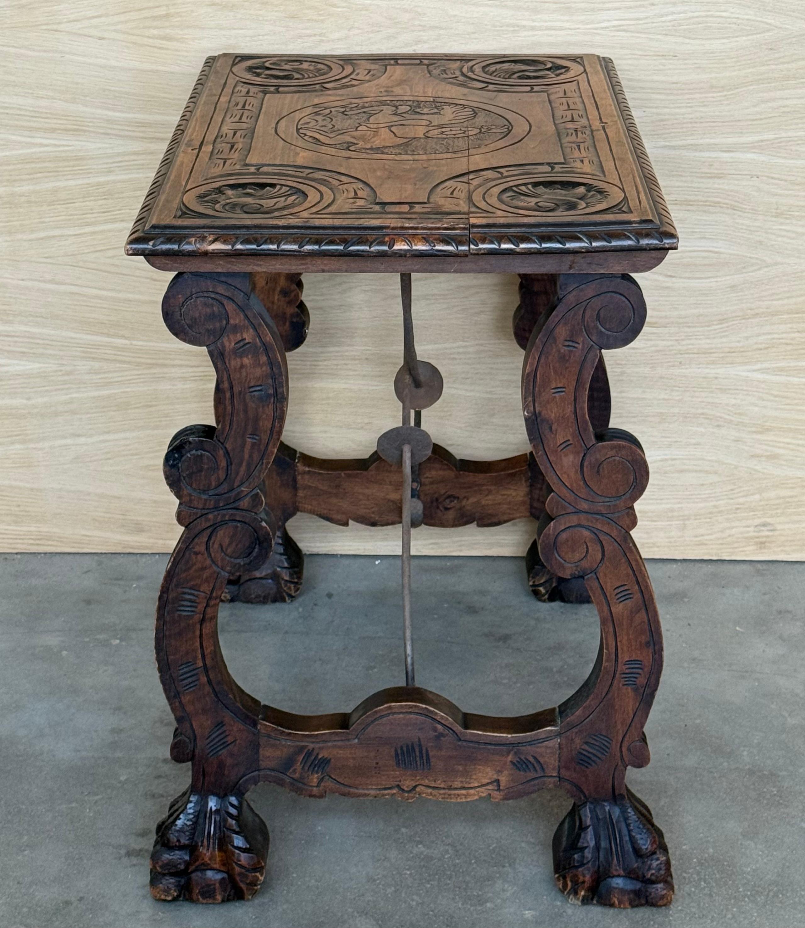 Side Table of Walnut with Carved Lyre Legs and Top, Spanish, 19th Century For Sale 2