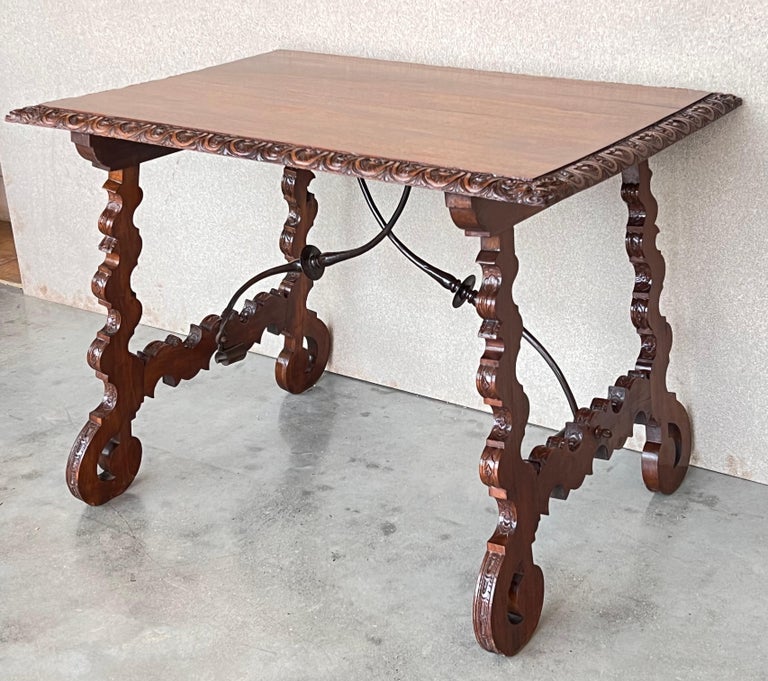 Side Table of Walnut with Carved Lyre Legs and Top, Spanish, 19th Century For Sale 3