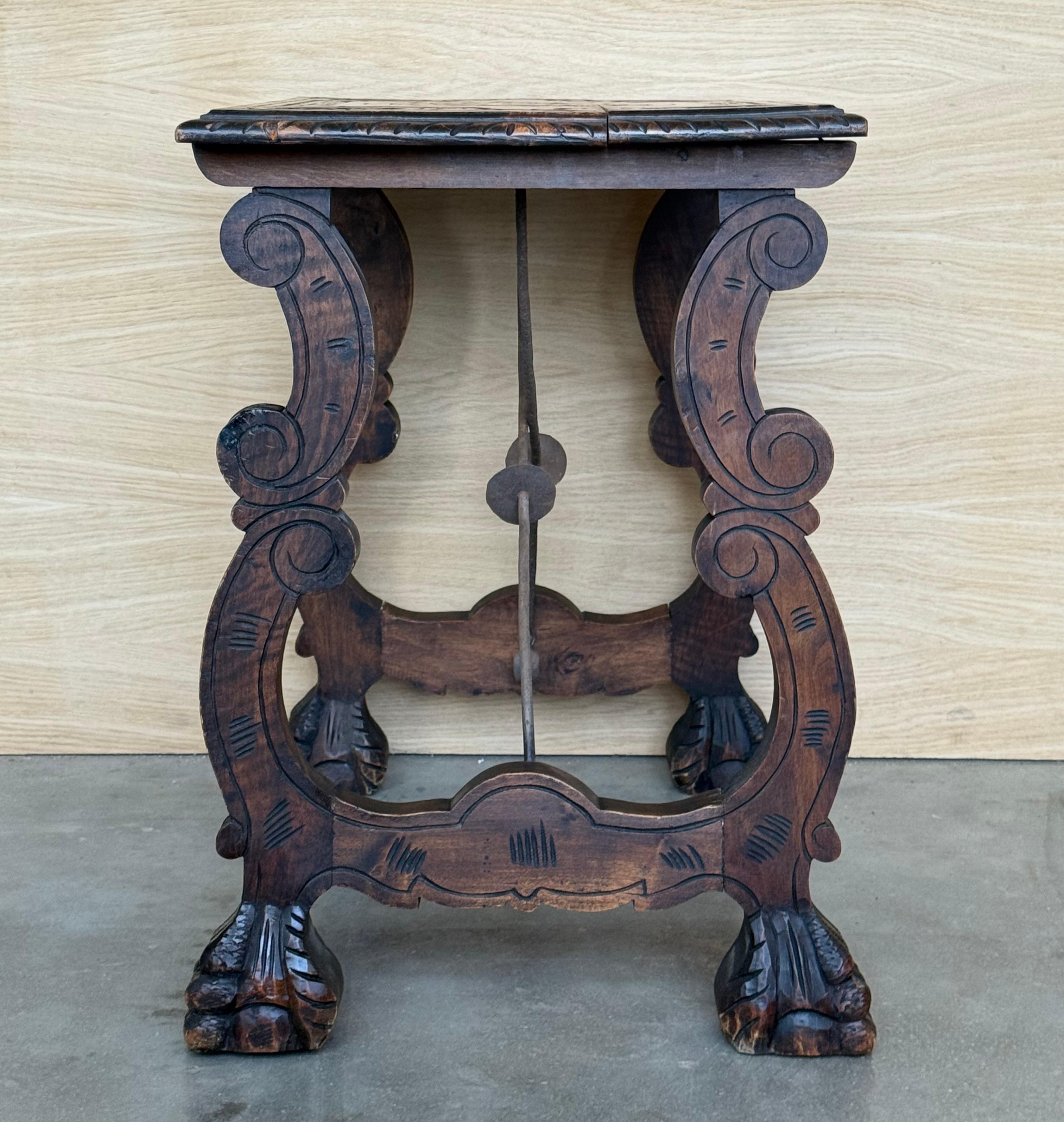 Side Table of Walnut with Carved Lyre Legs and Top, Spanish, 19th Century For Sale 3