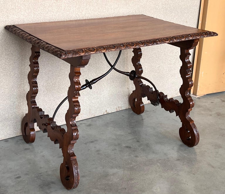 Side Table of Walnut with Carved Lyre Legs and Top, Spanish, 19th Century For Sale 4