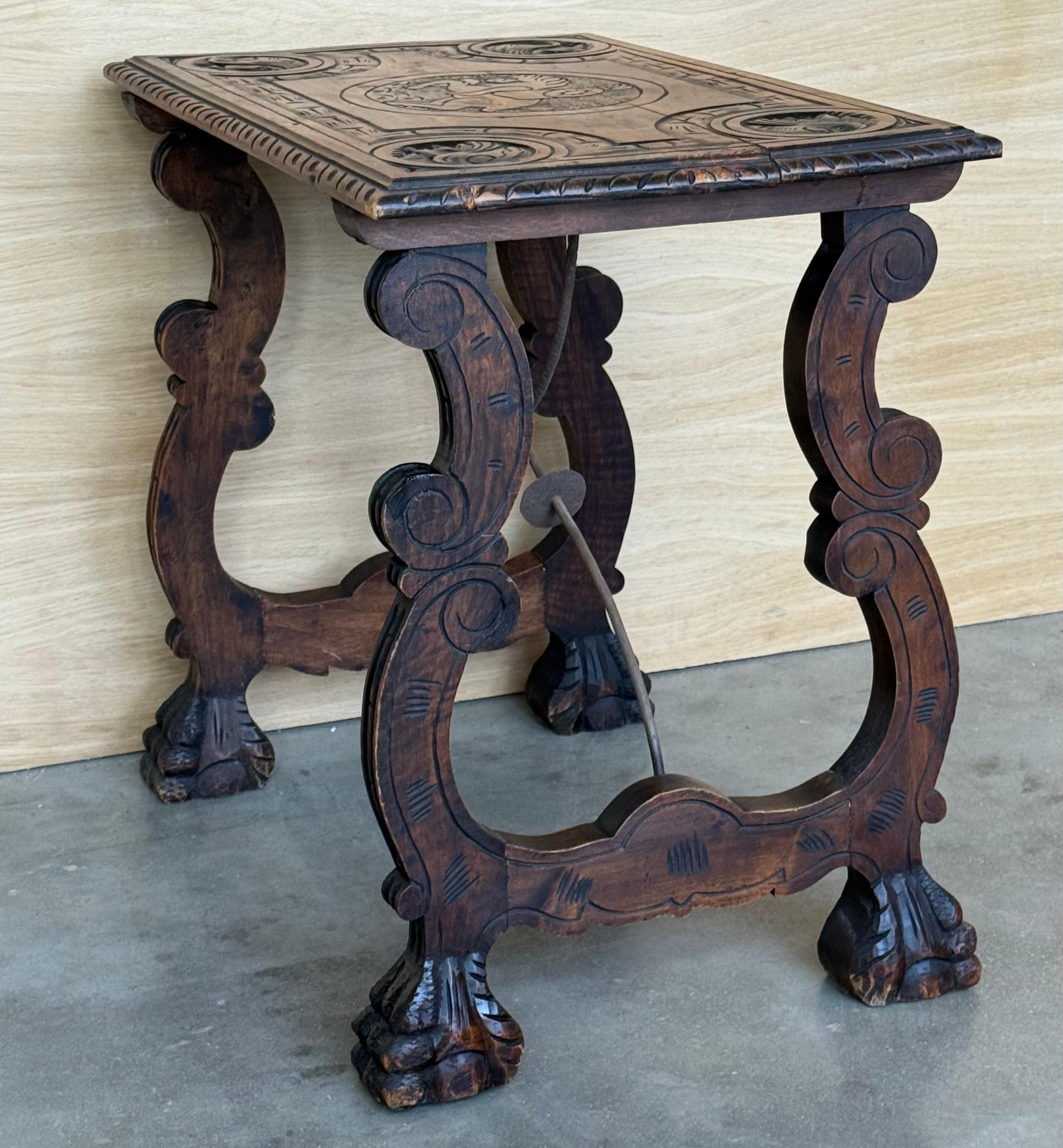 Side Table of Walnut with Carved Lyre Legs and Top, Spanish, 19th Century For Sale 4