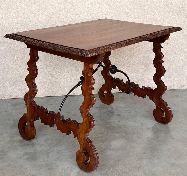Side Table of Walnut with Carved Lyre Legs and Top, Spanish, 19th Century For Sale 5