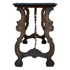 Side Table of Walnut with Carved Lyre Legs and Top, Spanish, 19th Century