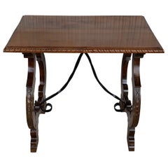 Antique Side Table of Walnut with Carved Lyre Legs and Top, Spanish, 19th Century