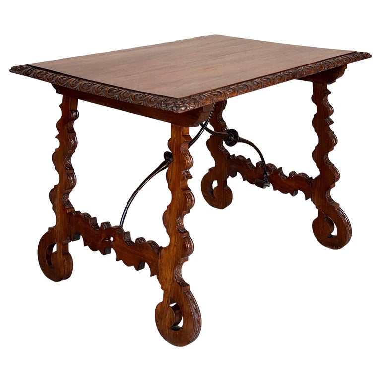 Side Table of Walnut with Carved Lyre Legs and Top, Spanish, 19th Century For Sale