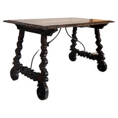 Side Table of Walnut with Carved Lyre Legs and Top, Spanish, 19th Century