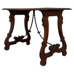 Antique Side Table of Walnut with Carved Lyre Legs and Top, Spanish, 19th Century