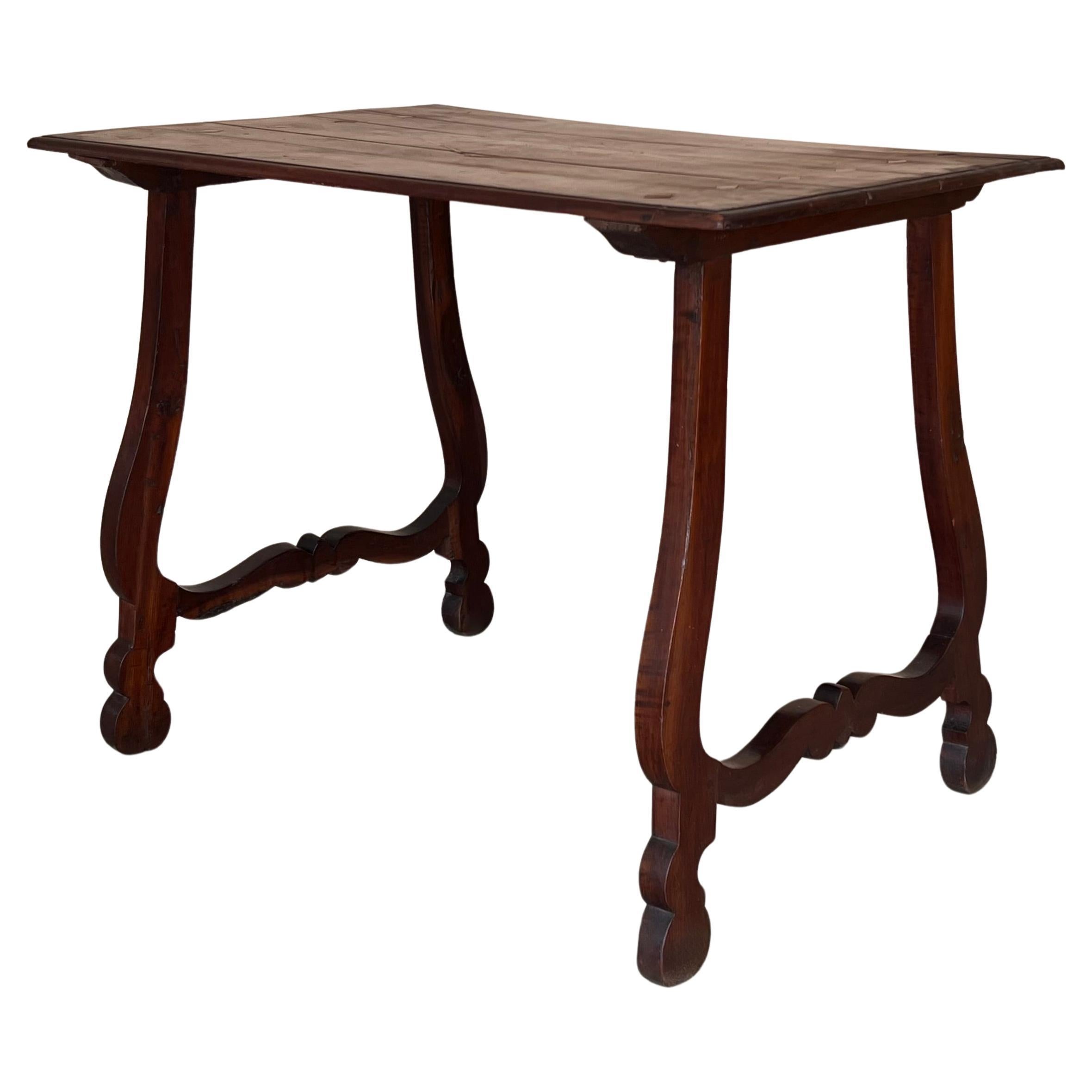 Side Table of Walnut with Carved Lyre Legs and Top, Spanish, 19th Century For Sale