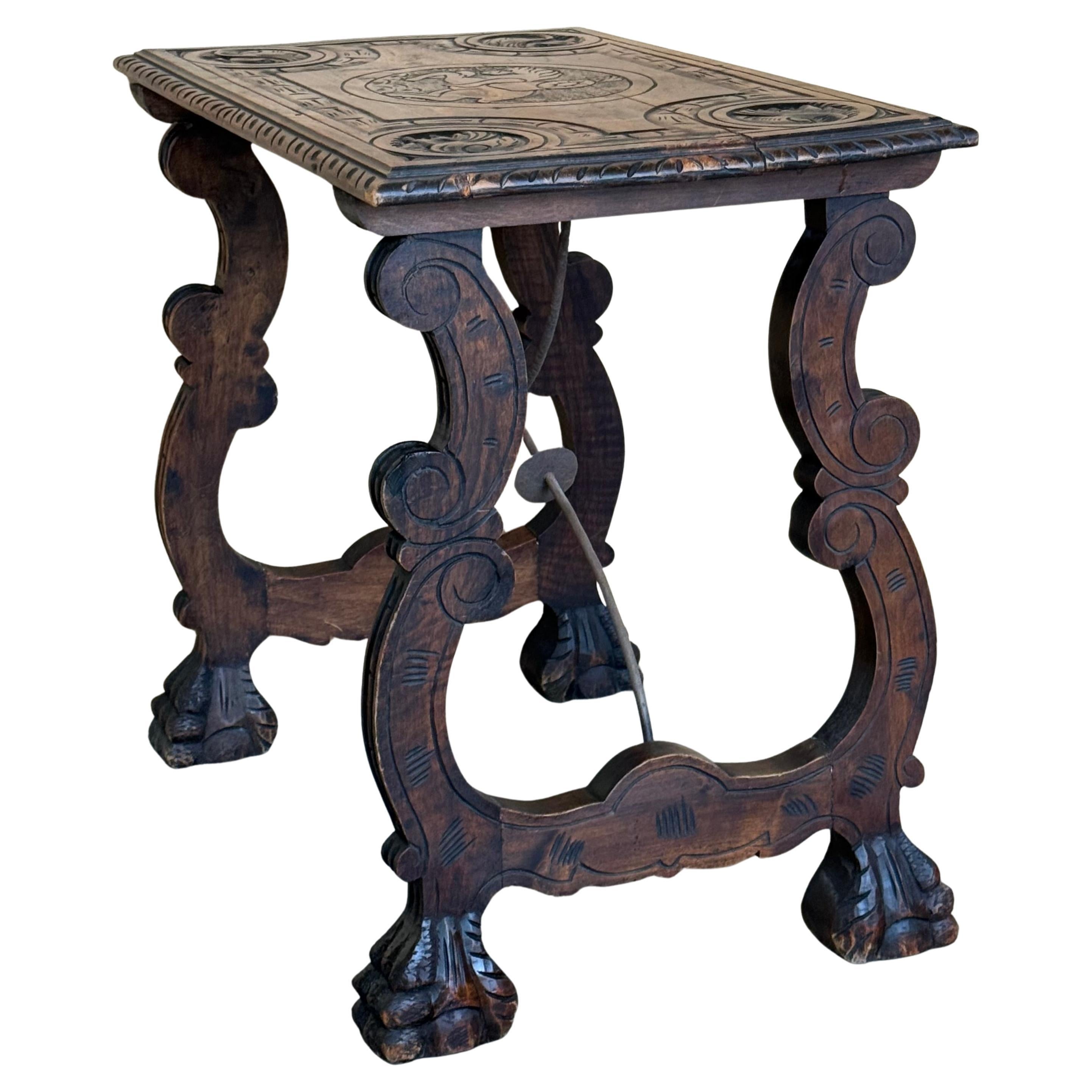 Side Table of Walnut with Carved Lyre Legs and Top, Spanish, 19th Century