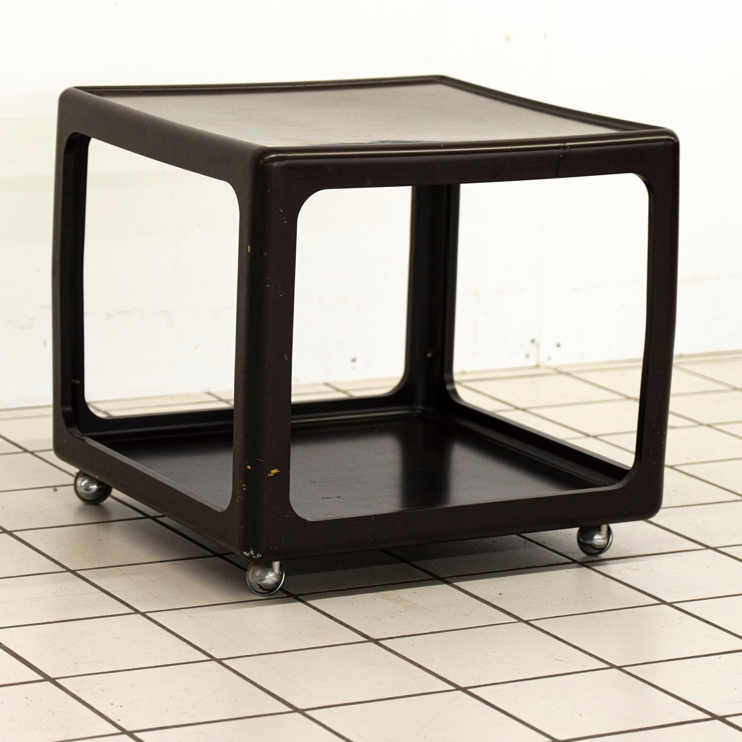 Unique 70s side table on wheels by Pheter Ghyczy for Horn Collection. Constructed out of Baydur (Polyurethane-Duromer). The object has some paint wear and scratches, and slight warping of the construction. Makers mark on the bottom including date of
