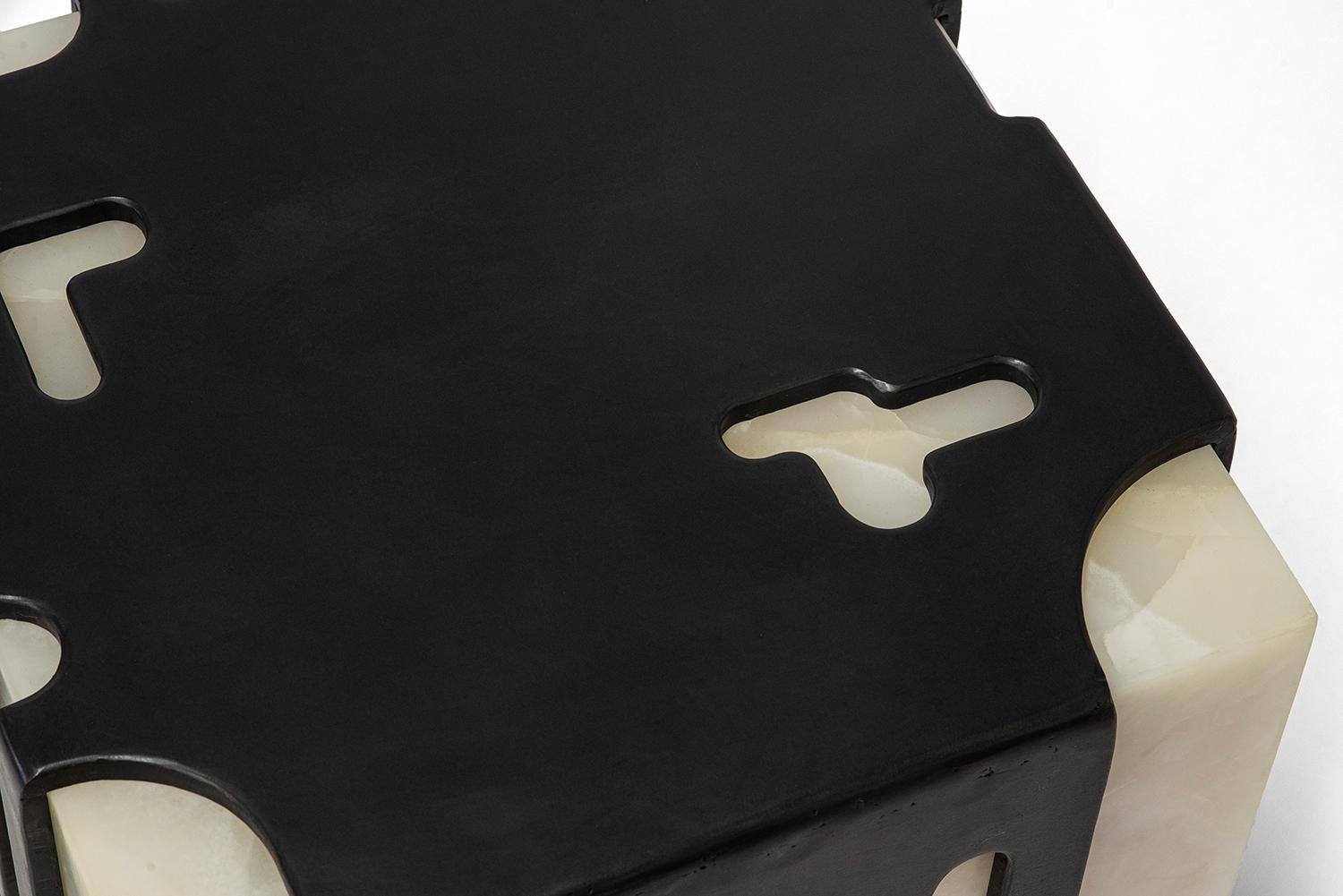 American  Side Table Onyx Sculpture Modern Handmade Geometric Blackened Steel Waxed For Sale