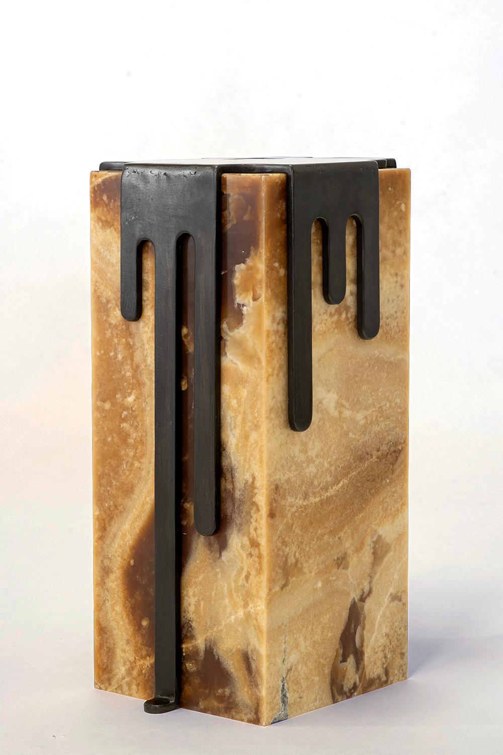 Contemporary  Side Table Onyx Sculpture Modern Handmade Geometric Blackened Steel Waxed For Sale