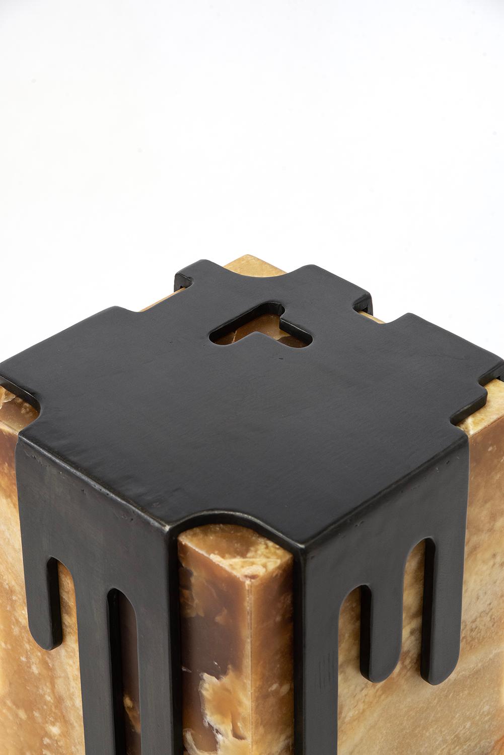  Side Table Onyx Sculpture Modern Handmade Geometric Blackened Steel Waxed For Sale 2