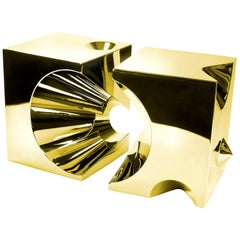 Side or End Table Abstract Sculpture Gold Mirror Steel Cube Collectible Design