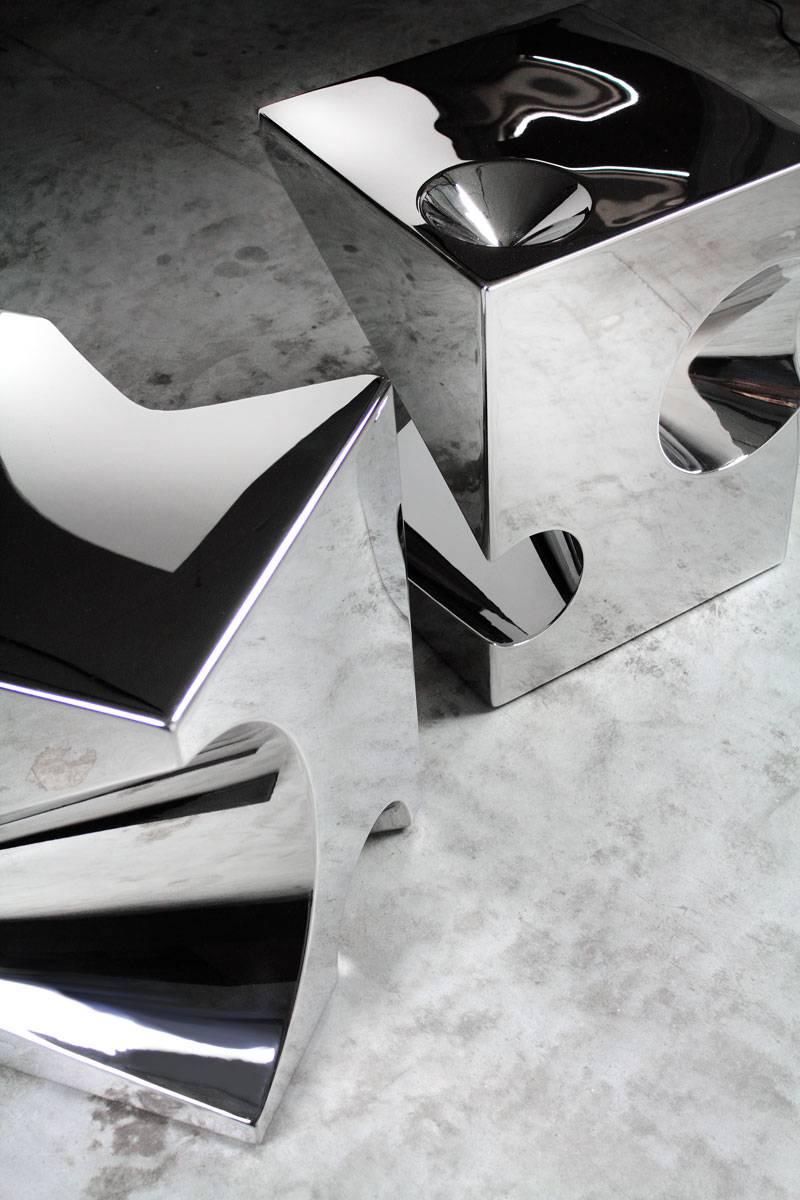Modern Side or End Table Abstract Sculpture Gold Mirror Steel Cube Collectible Design For Sale