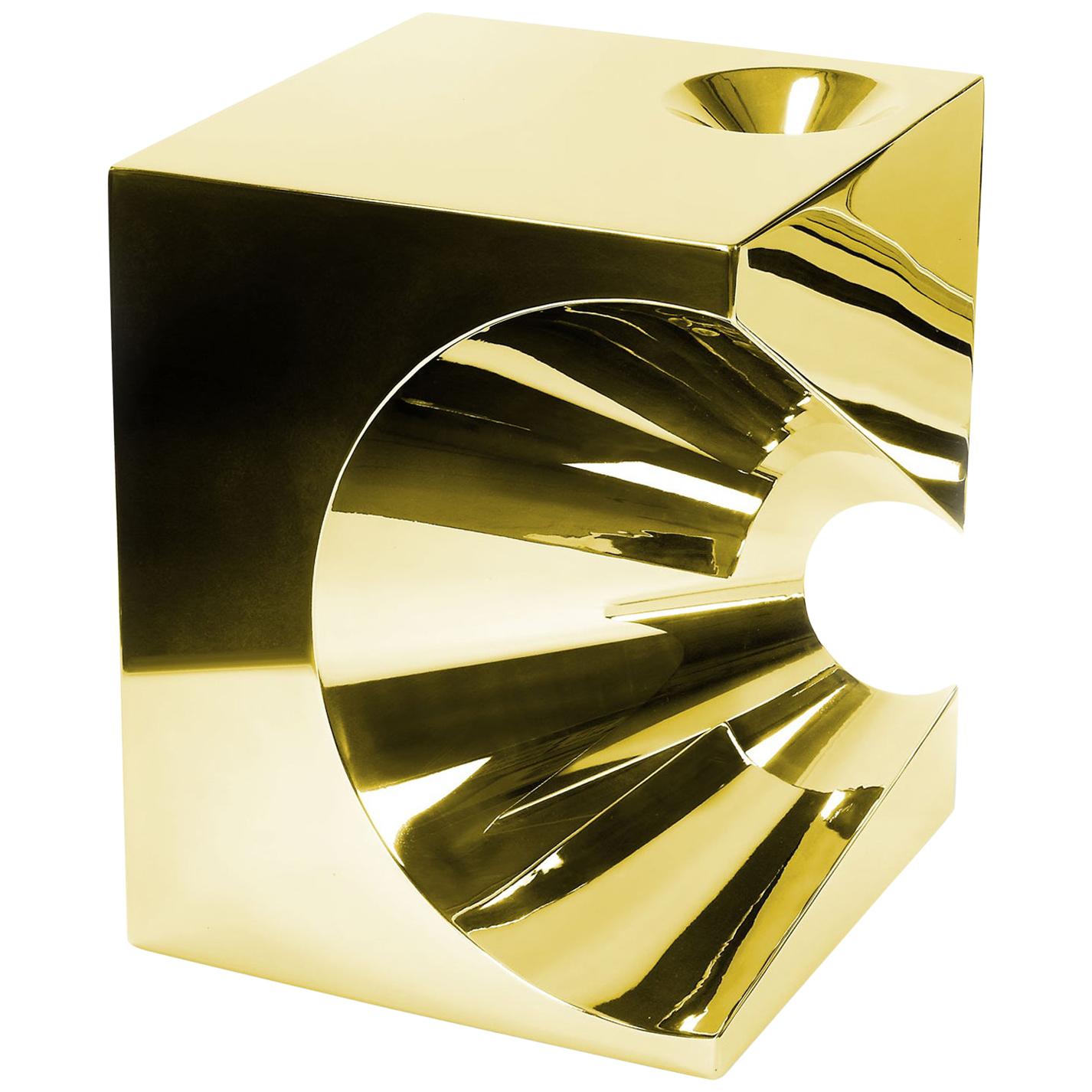 Beistelltisch oder Beistelltisch Abstrakte Skulptur Goldspiegel Stahl Würfel Sammlerstück Design im Angebot