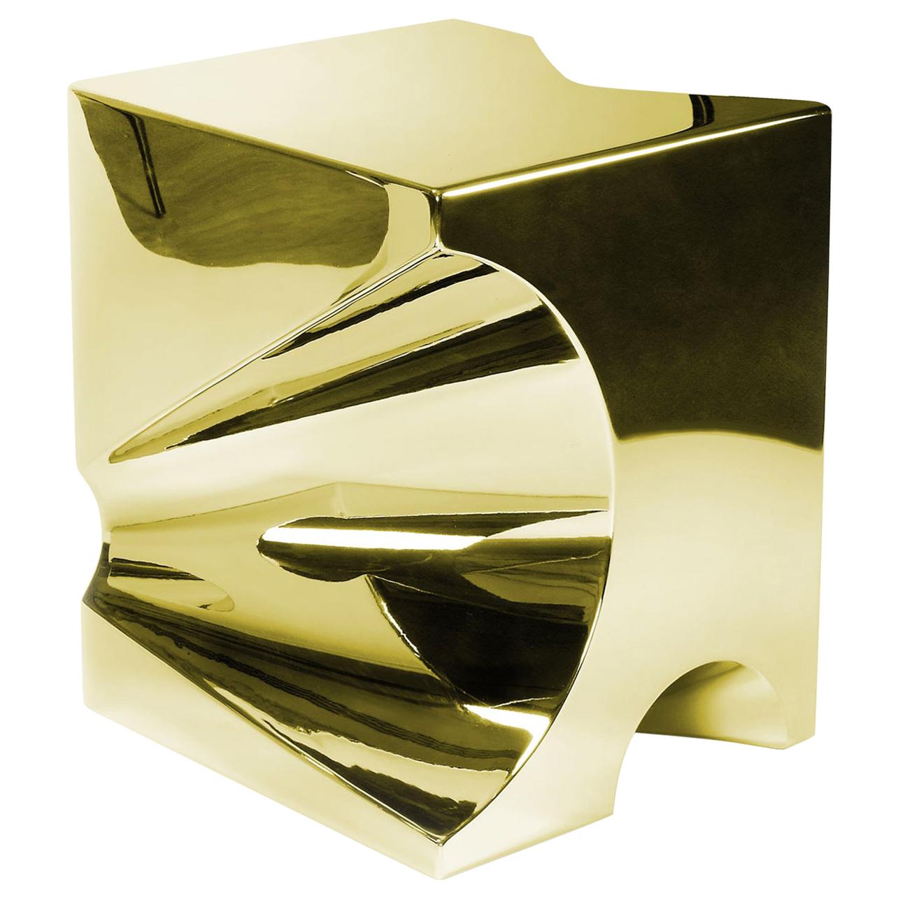 Side or End Table Abstract Sculpture Gold Mirror Steel Cube Collectible Design