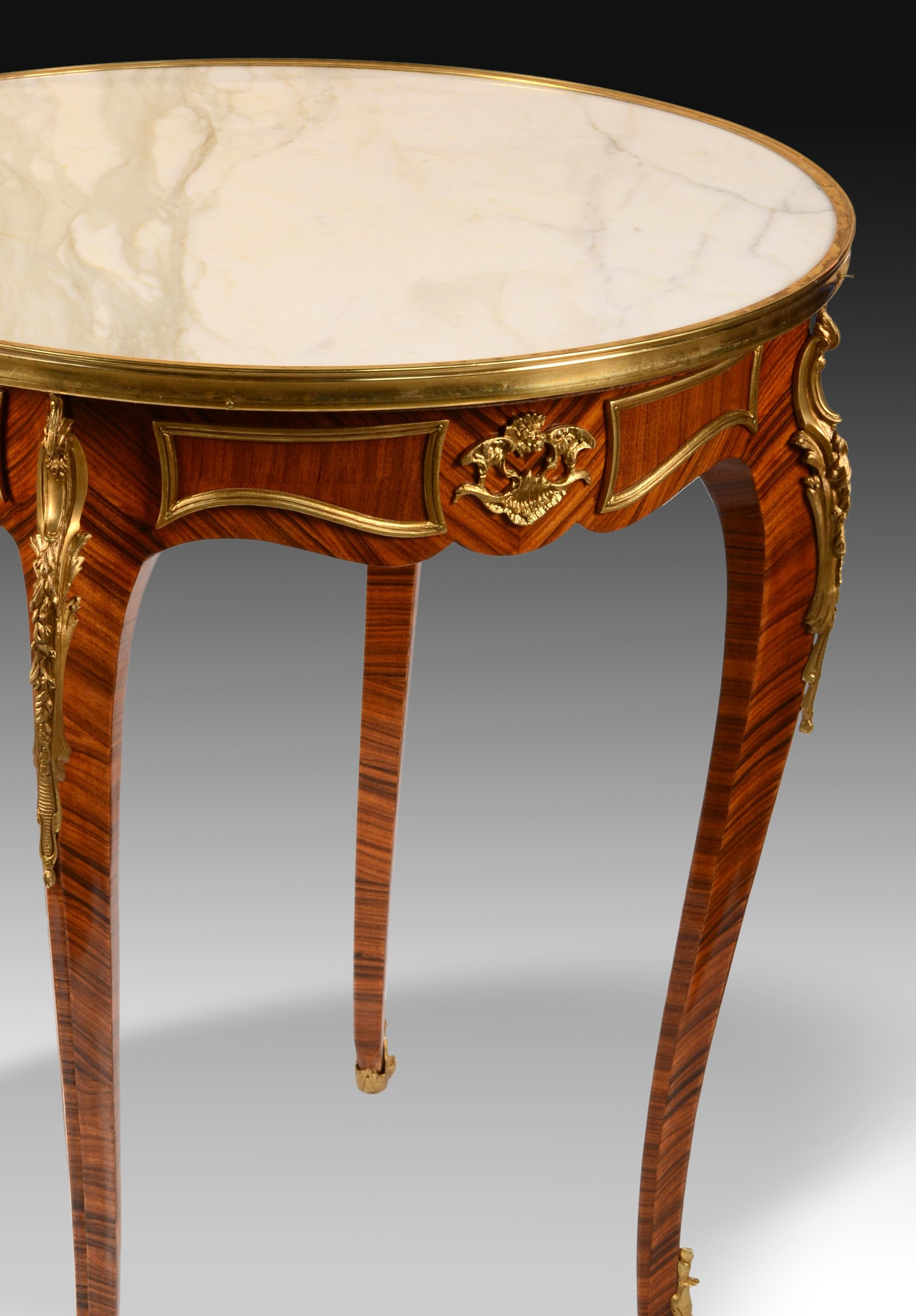 European Side Table, Palosanto Wood, White Marble Top, Siglo XX For Sale