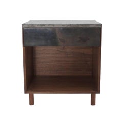 Side Table, Patinated Steel, Cast-Concrete and Walnut with Drawer, Tip-On